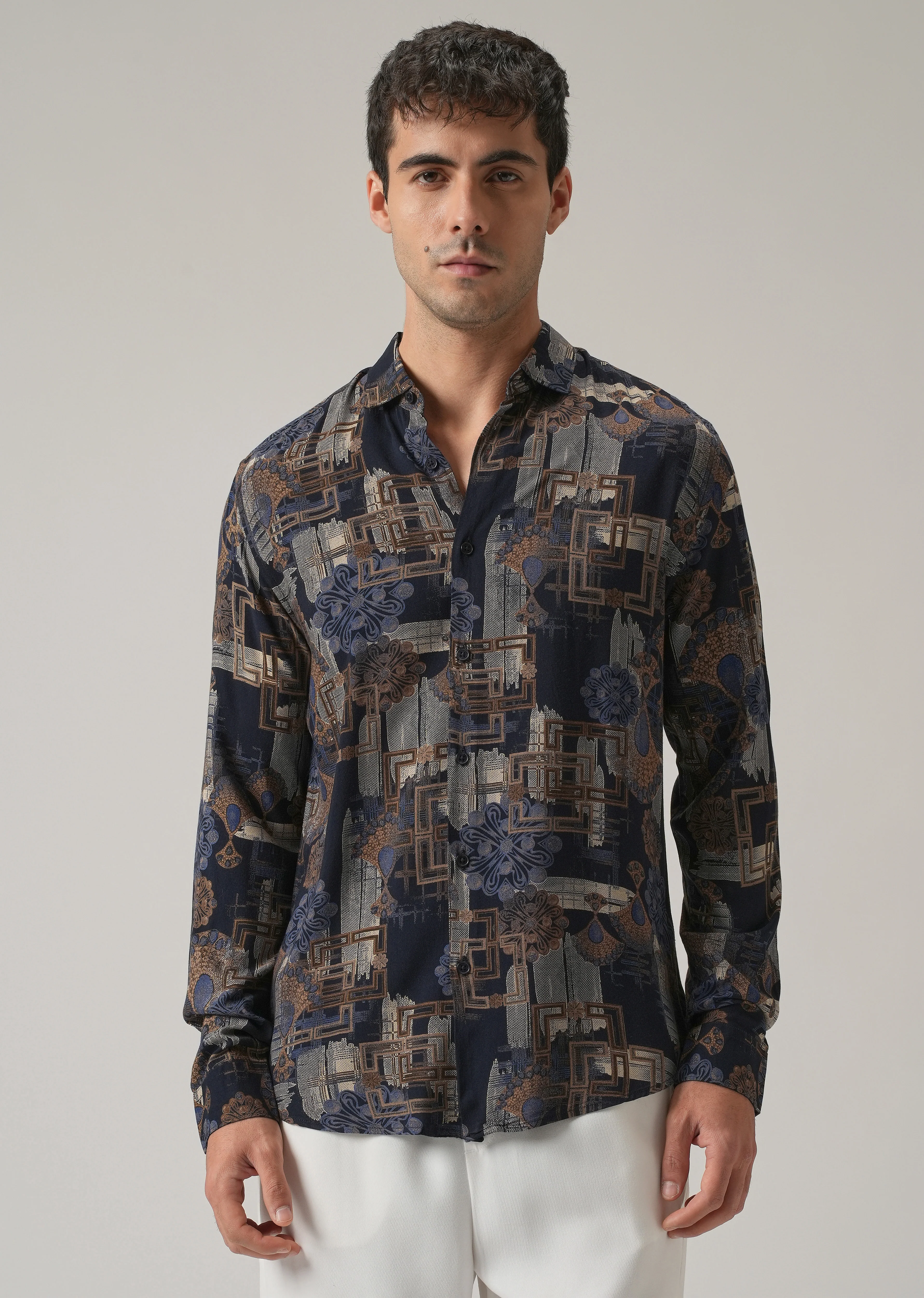 Blue Flora Grid Print Feather Shirt - Image 3