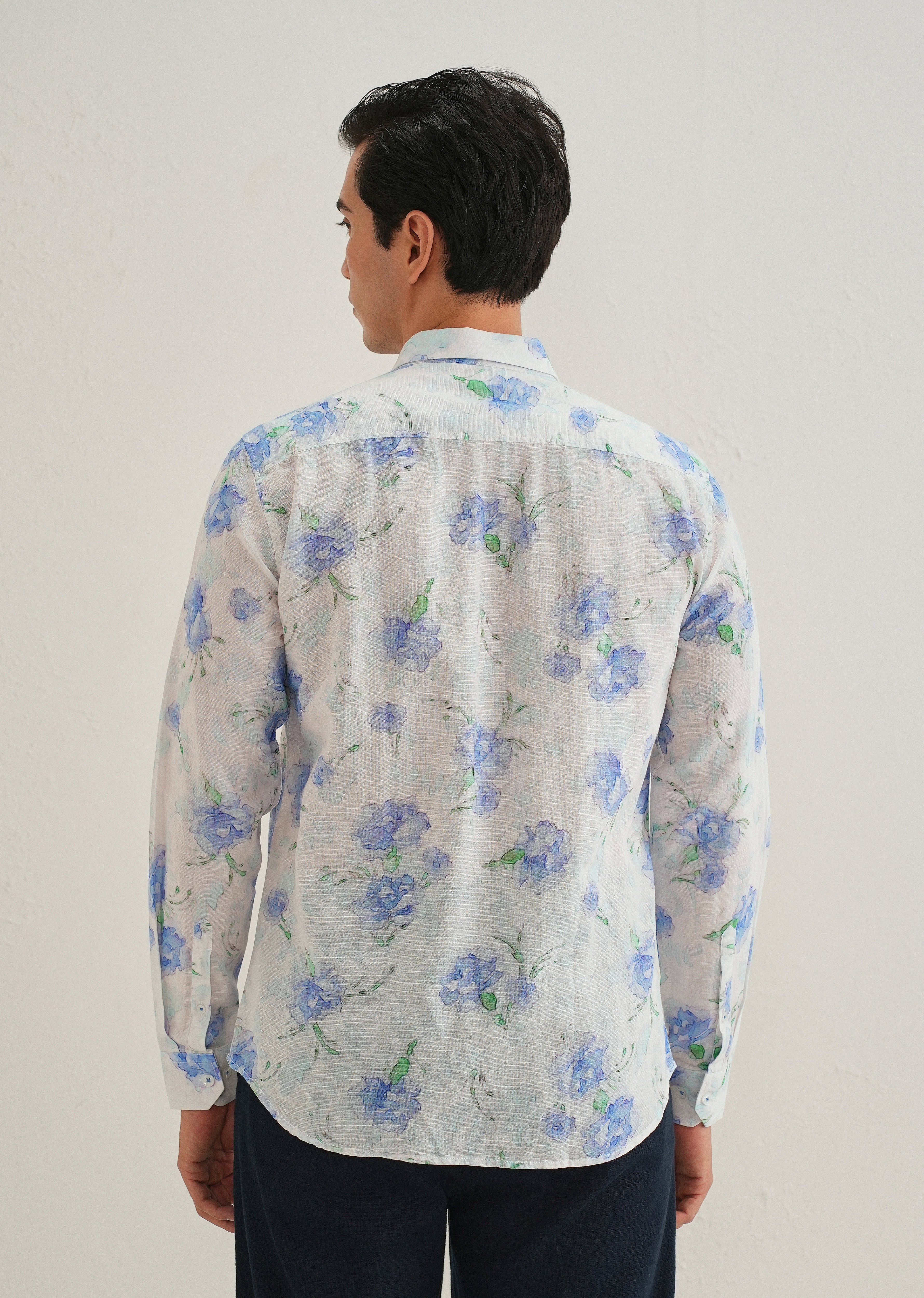 Blue Floral Printed Cotton Linen Shirt - Image 4