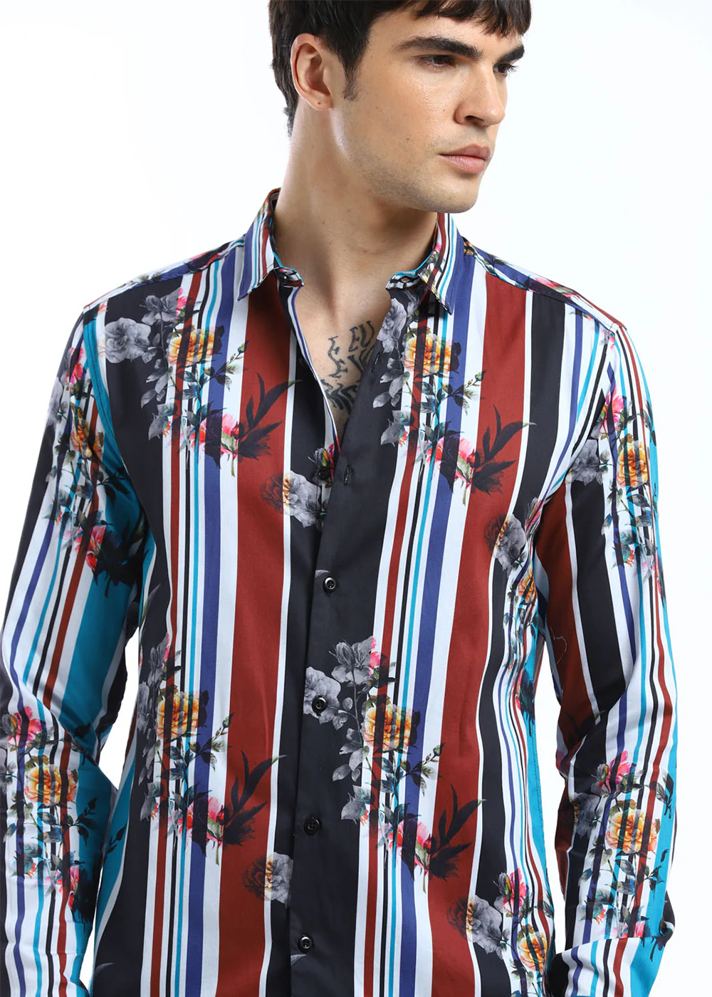 Blue Floral Striped Printed Shirt - Image 3