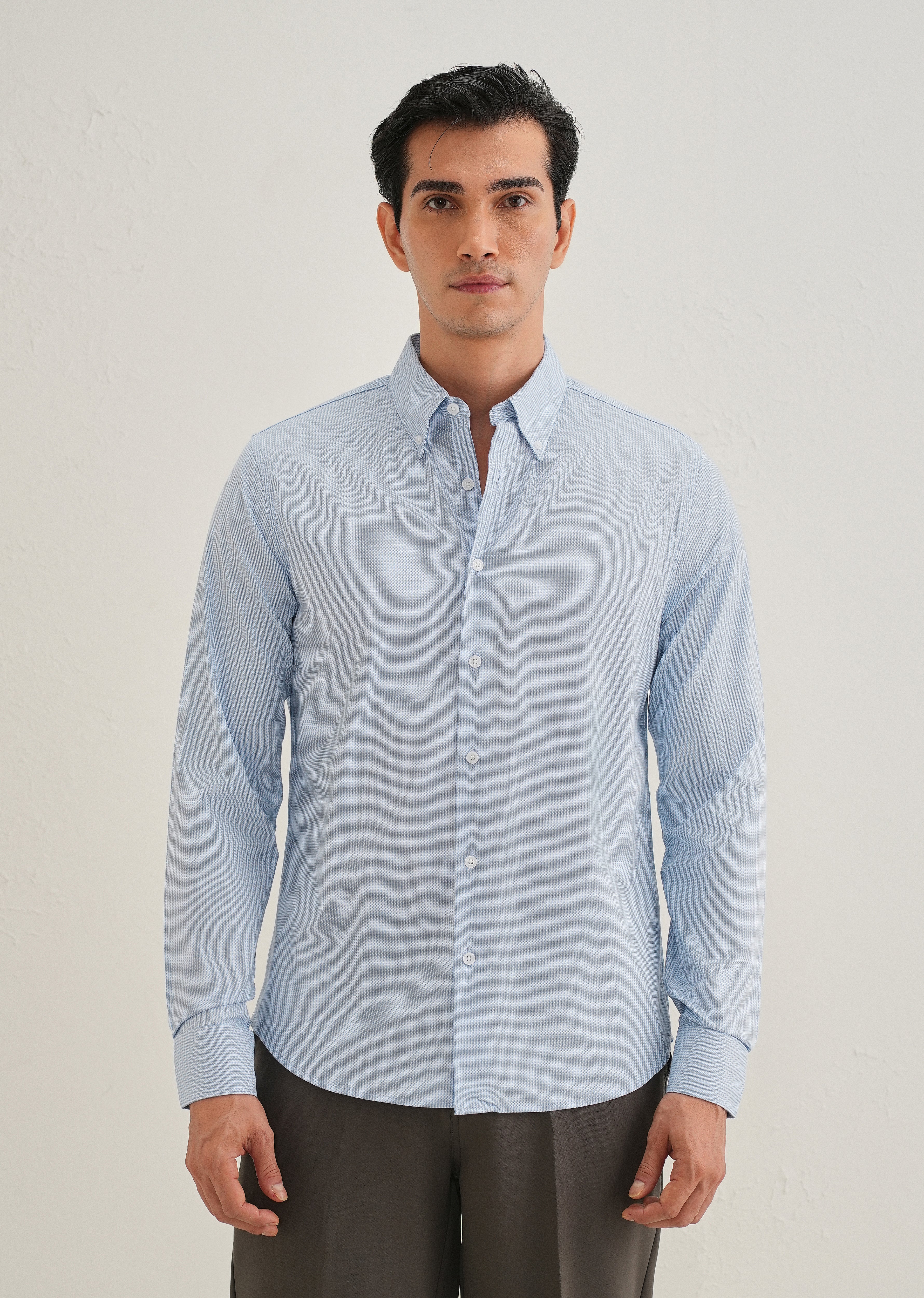 Blue Houndstooth Dobby Cotton Shirt - Image 4