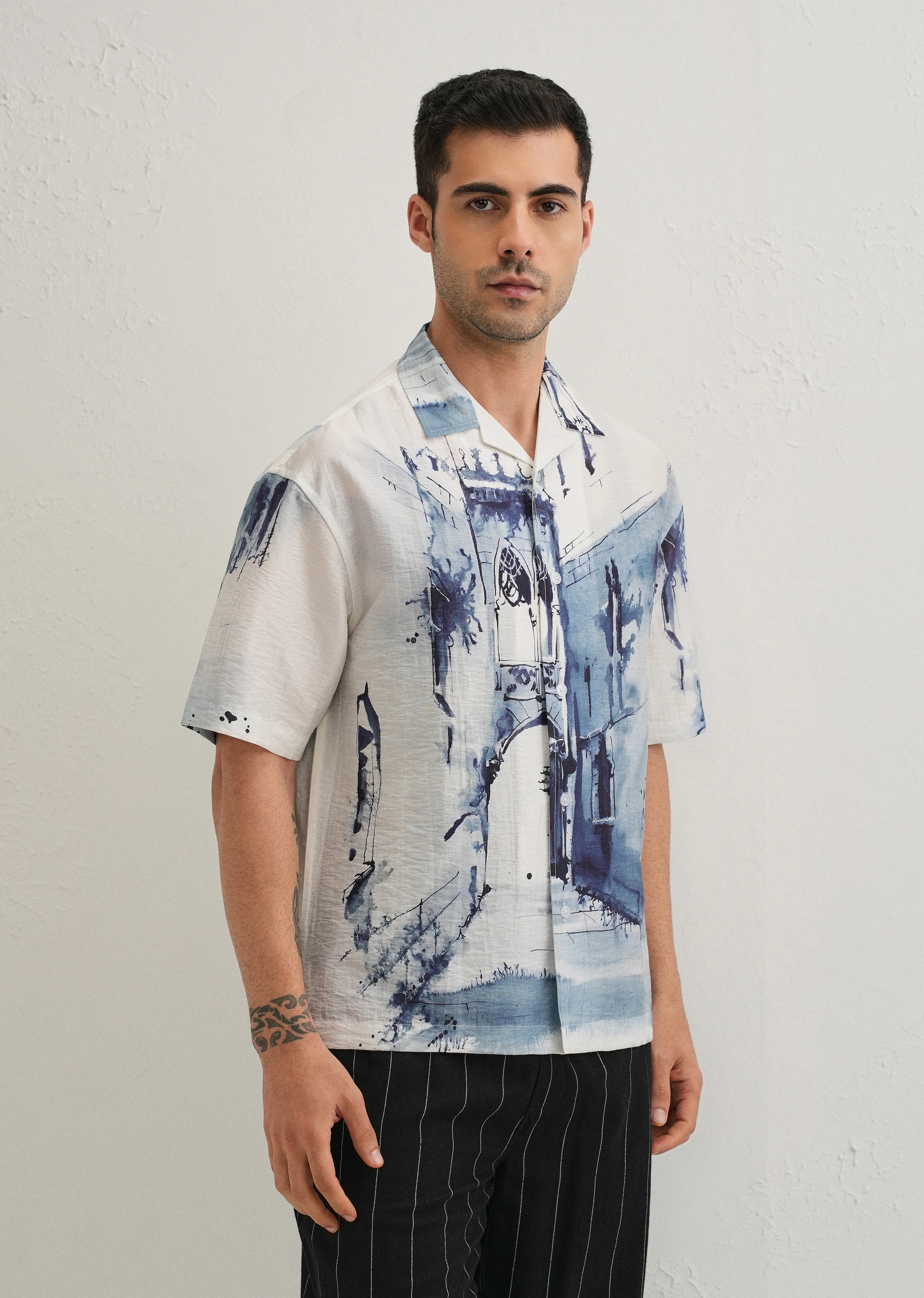 Blue Ink Wash Placement Print Shirt - Image 6