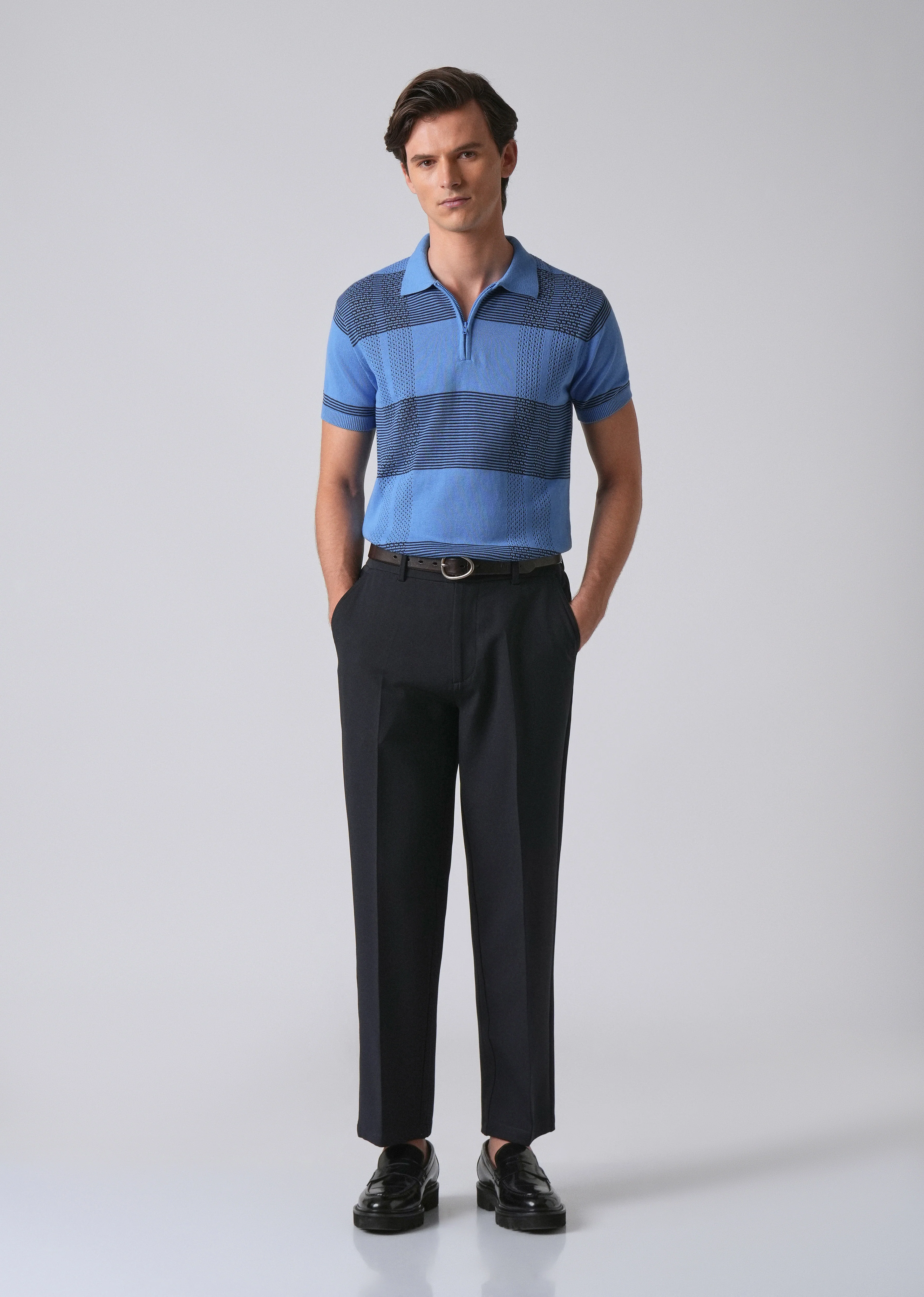 Blue Knitted Polo Zipper T-shirt - Image 6