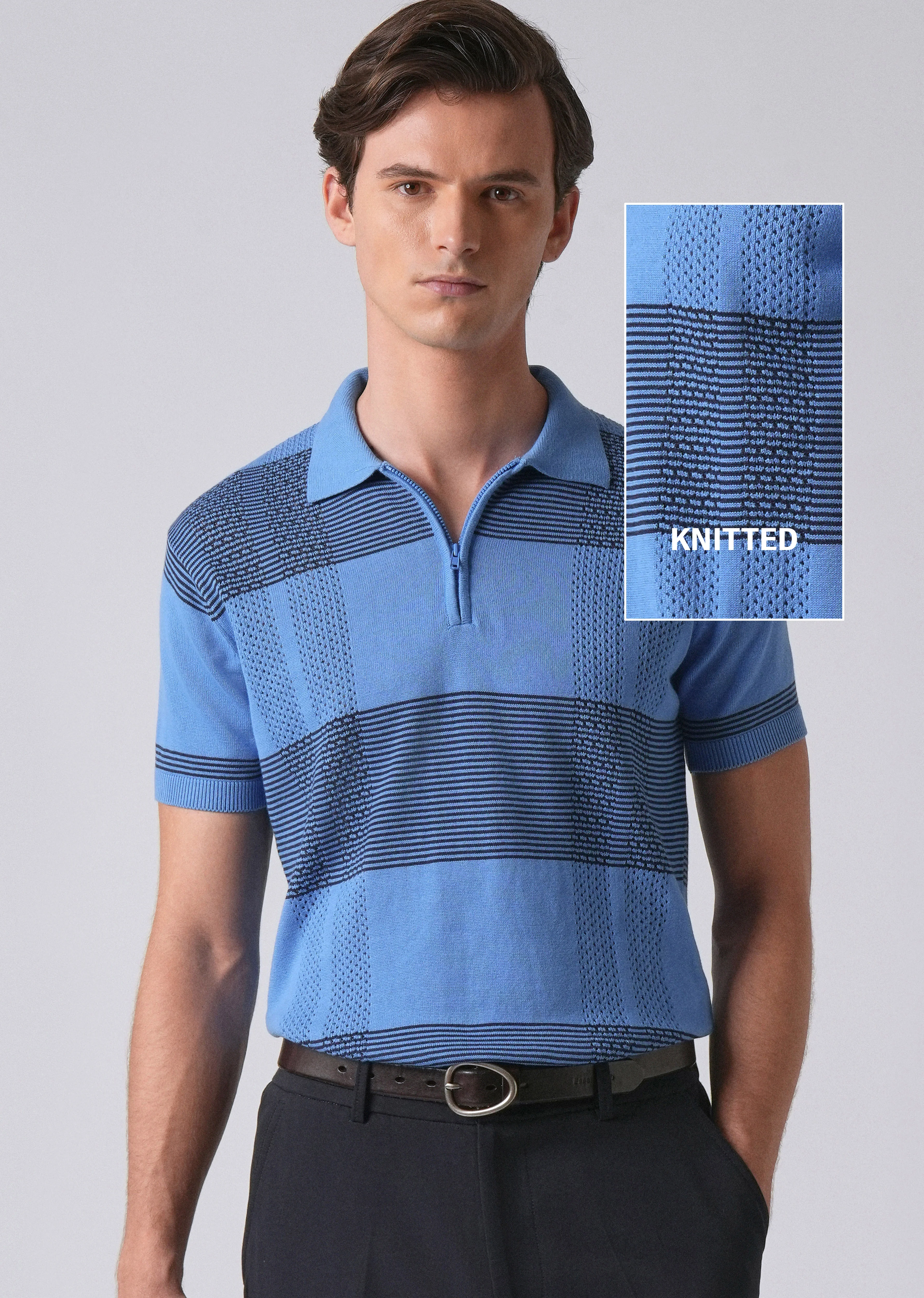 Blue Knitted Polo Zipper T-shirt - Image 7