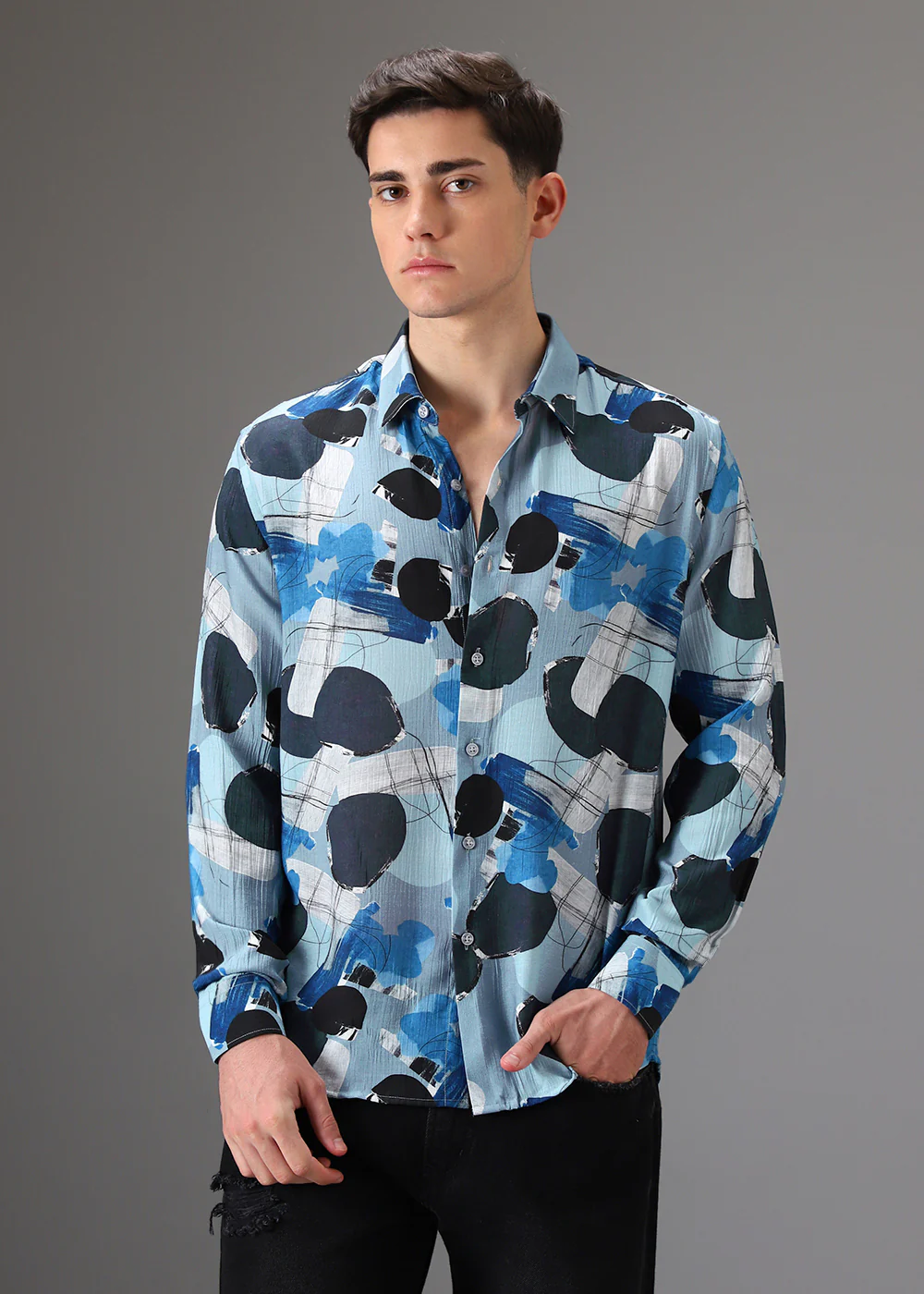 Blue Line Abstract Crushed Printed Shirt - Image 3