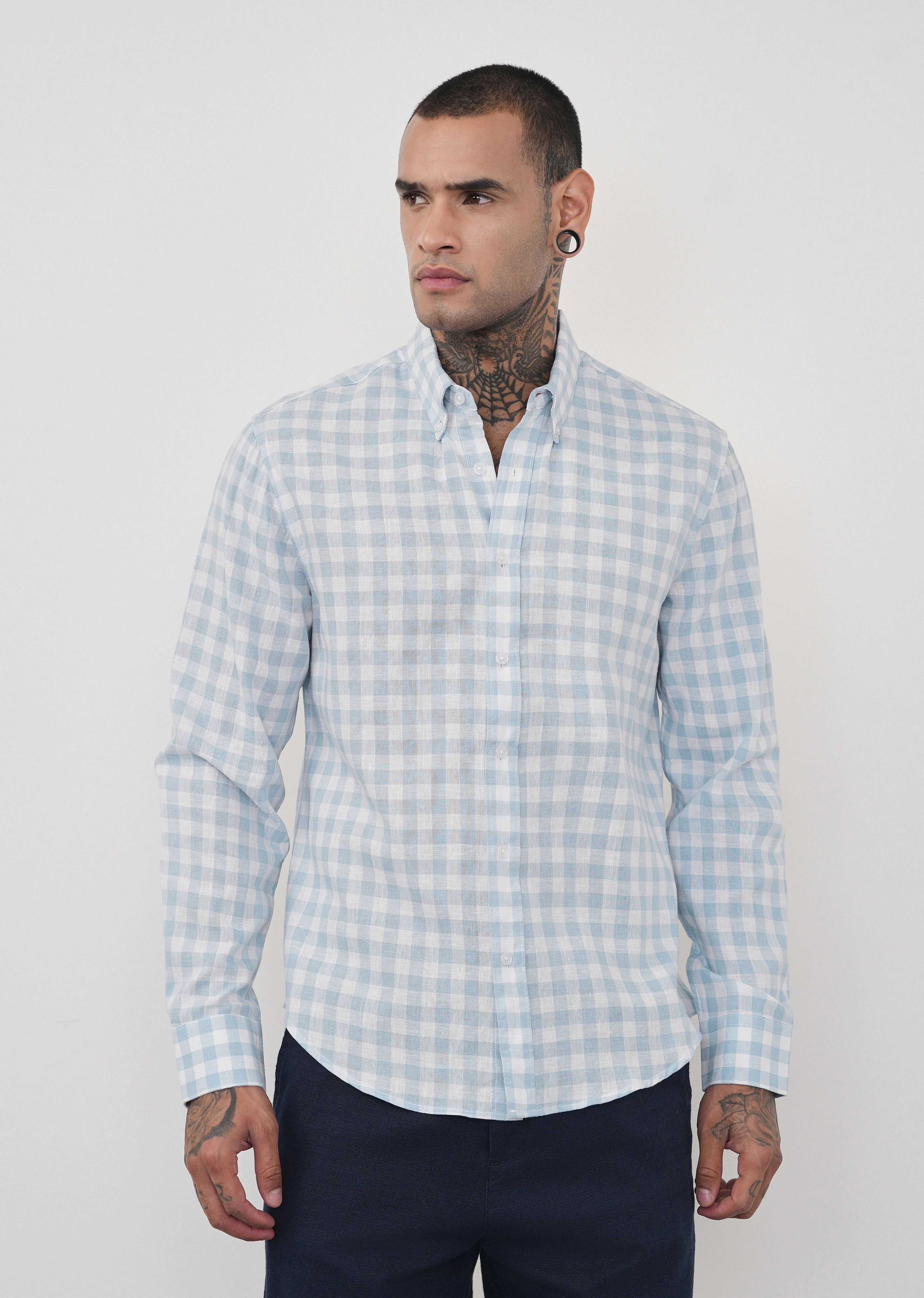 Blue Lyocell Linen Blend Check Shirt - Image 3