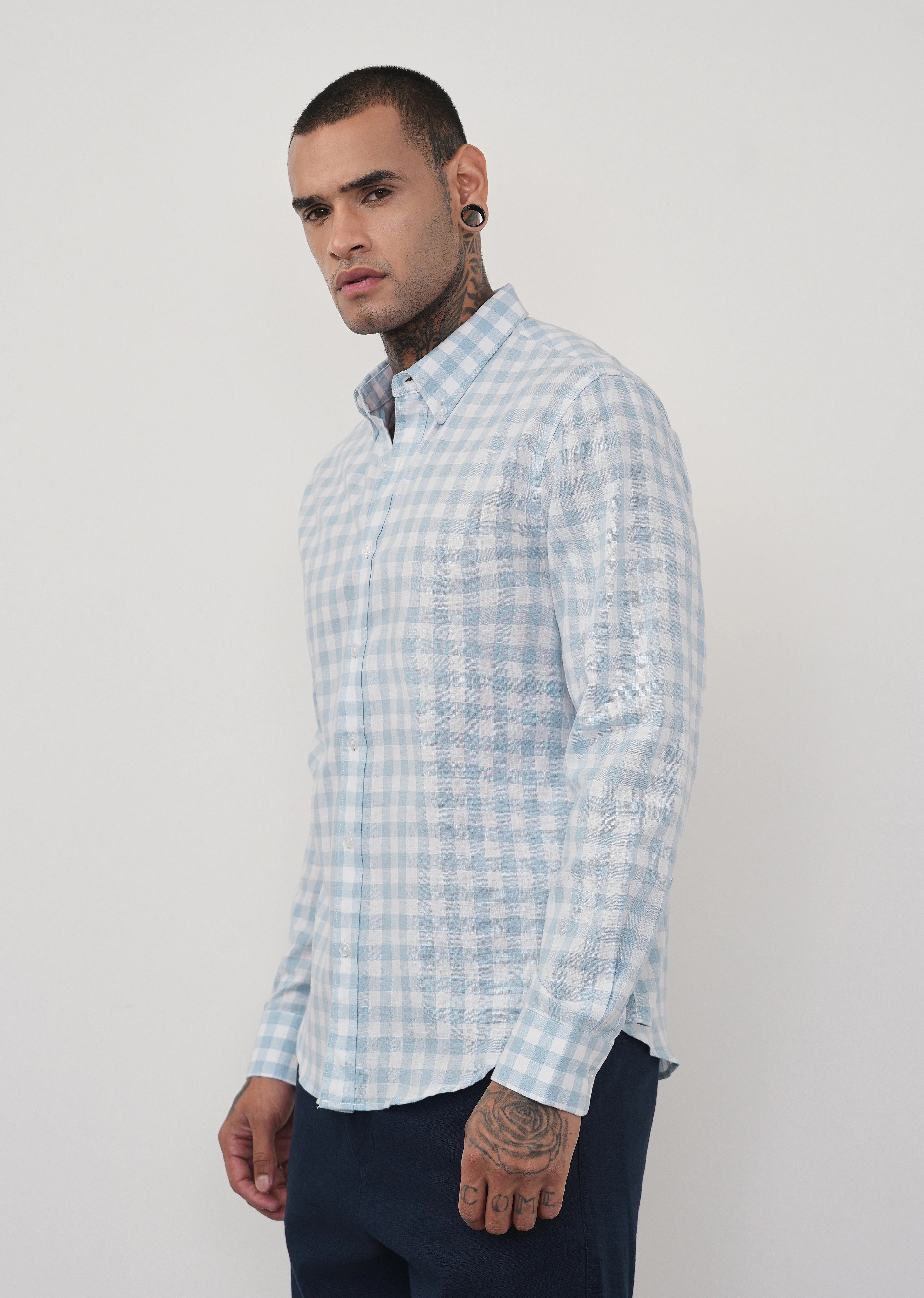 Blue Lyocell Linen Blend Check Shirt - Image 4