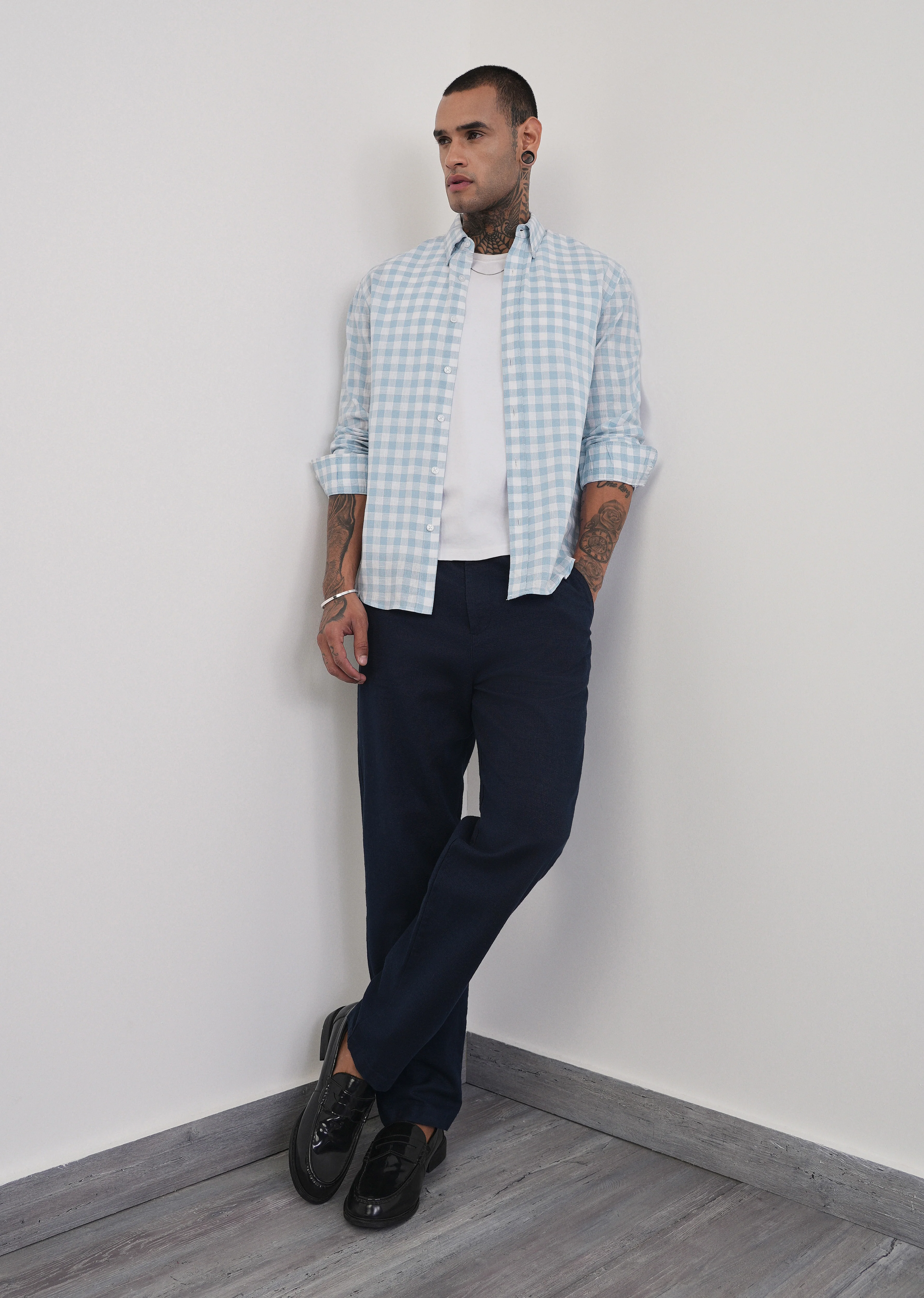 Blue Lyocell Linen Blend Check Shirt - Image 6