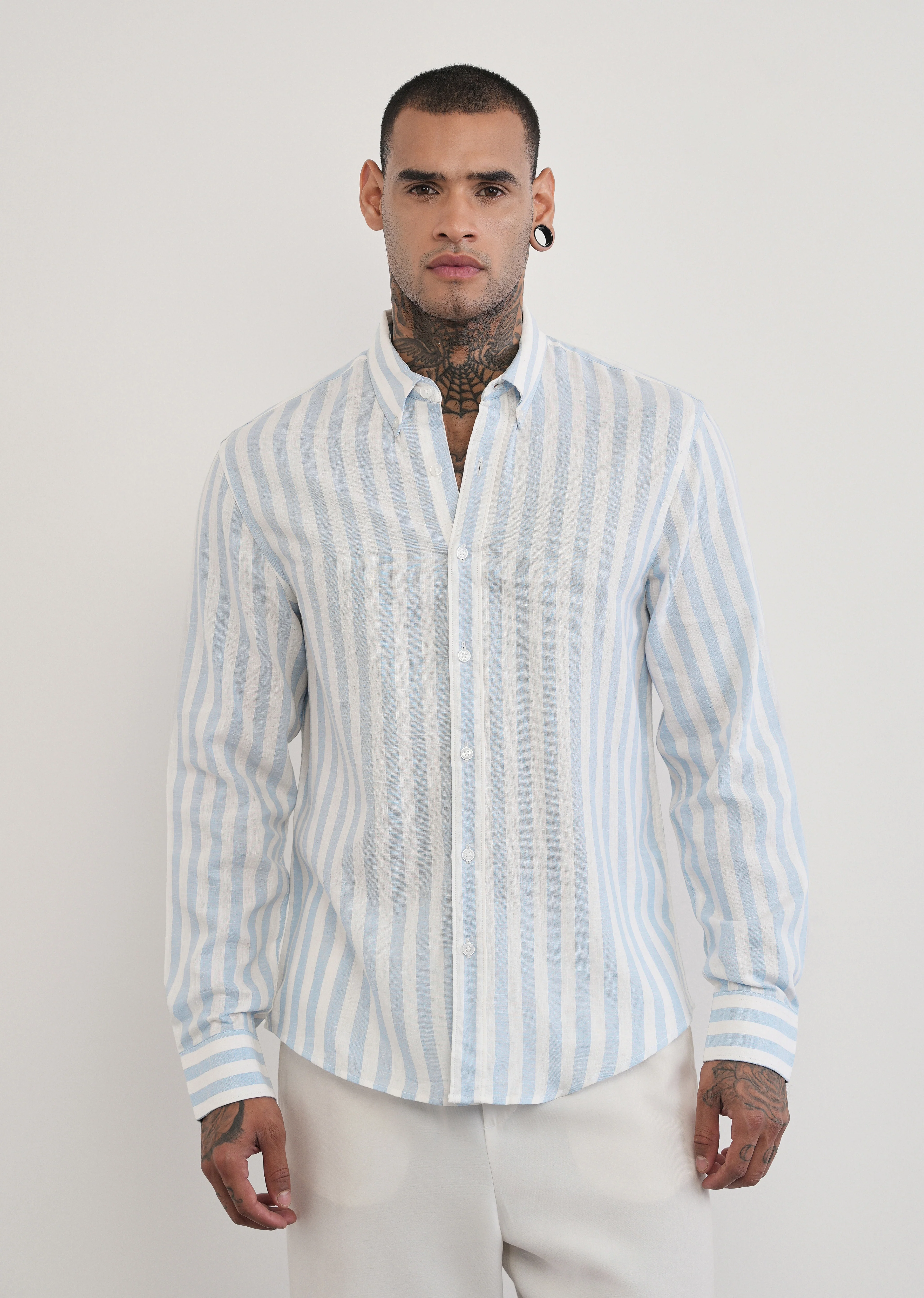 Blue Lyocell Linen Blend Stripe Shirt - Image 3
