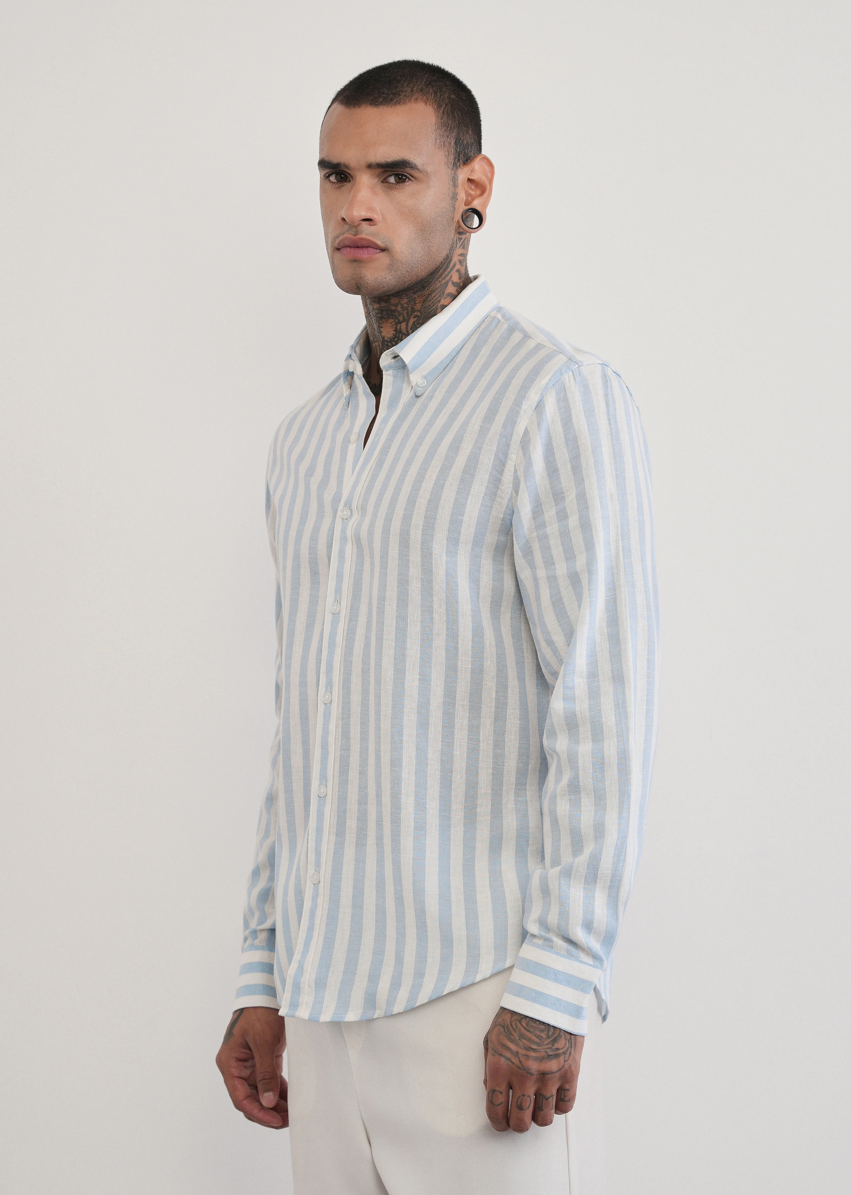 Blue Lyocell Linen Blend Stripe Shirt - Image 4