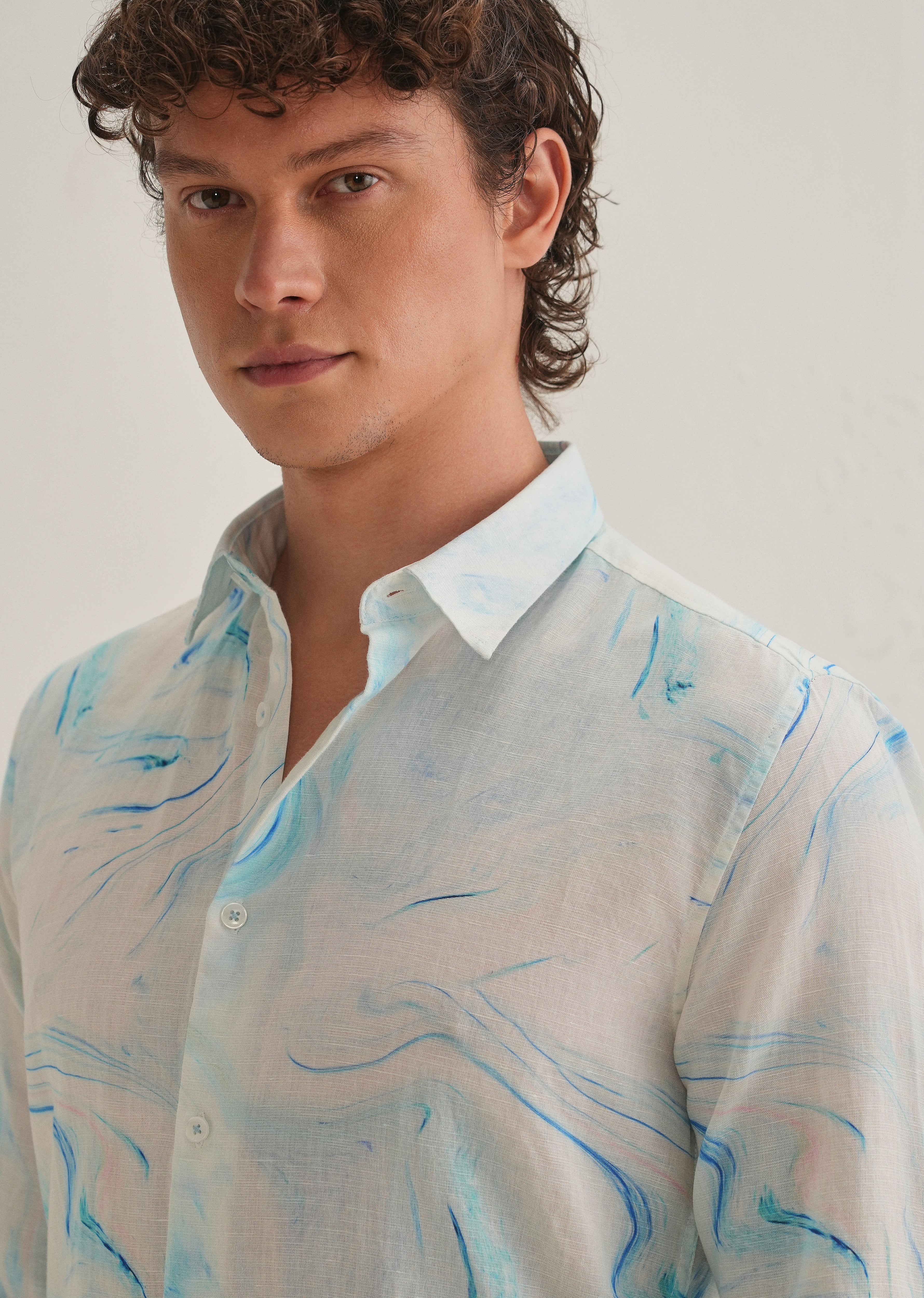 Blue Marble Printed Cotton Linen Shirt - Image 2