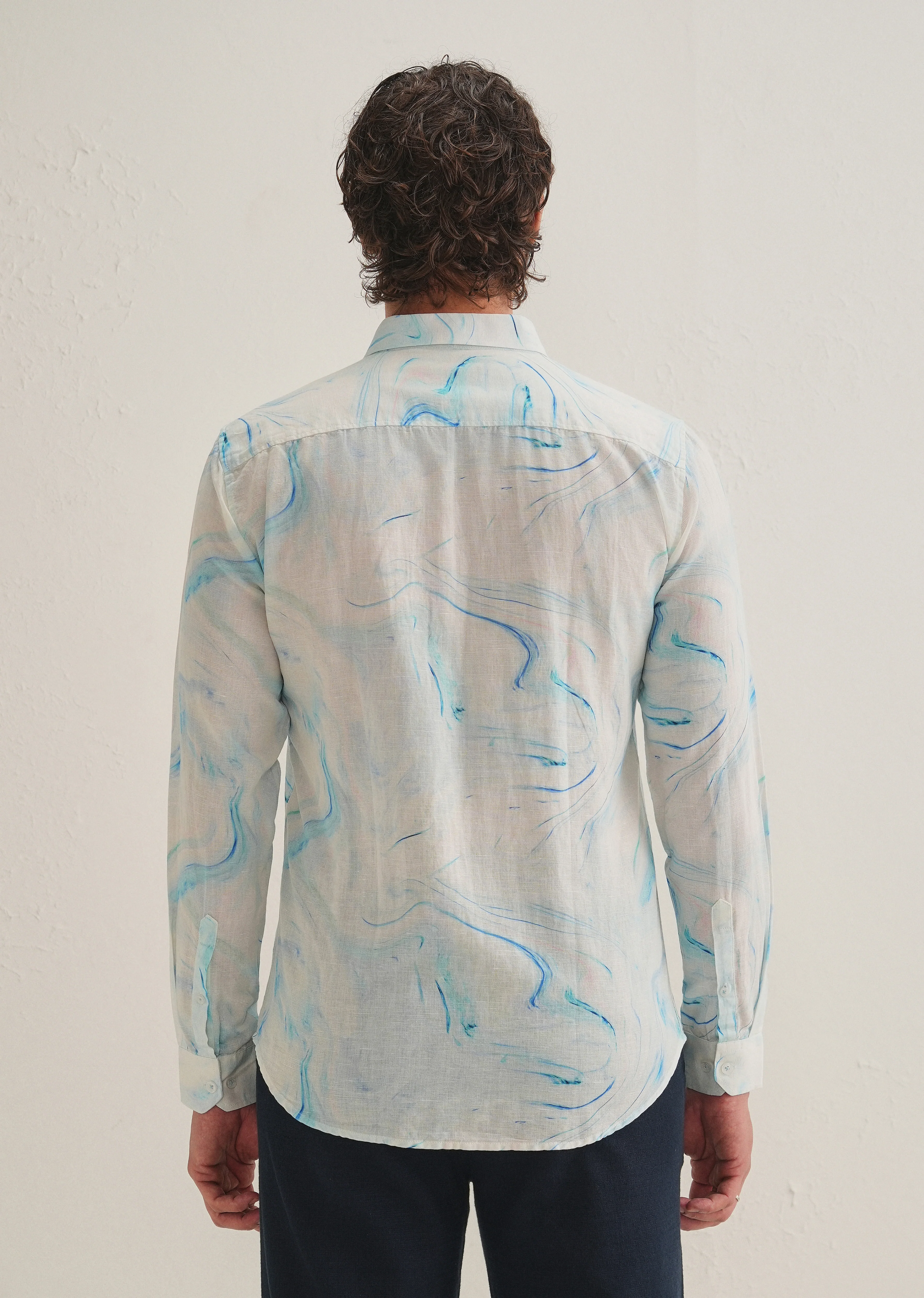 Blue Marble Printed Cotton Linen Shirt - Image 4