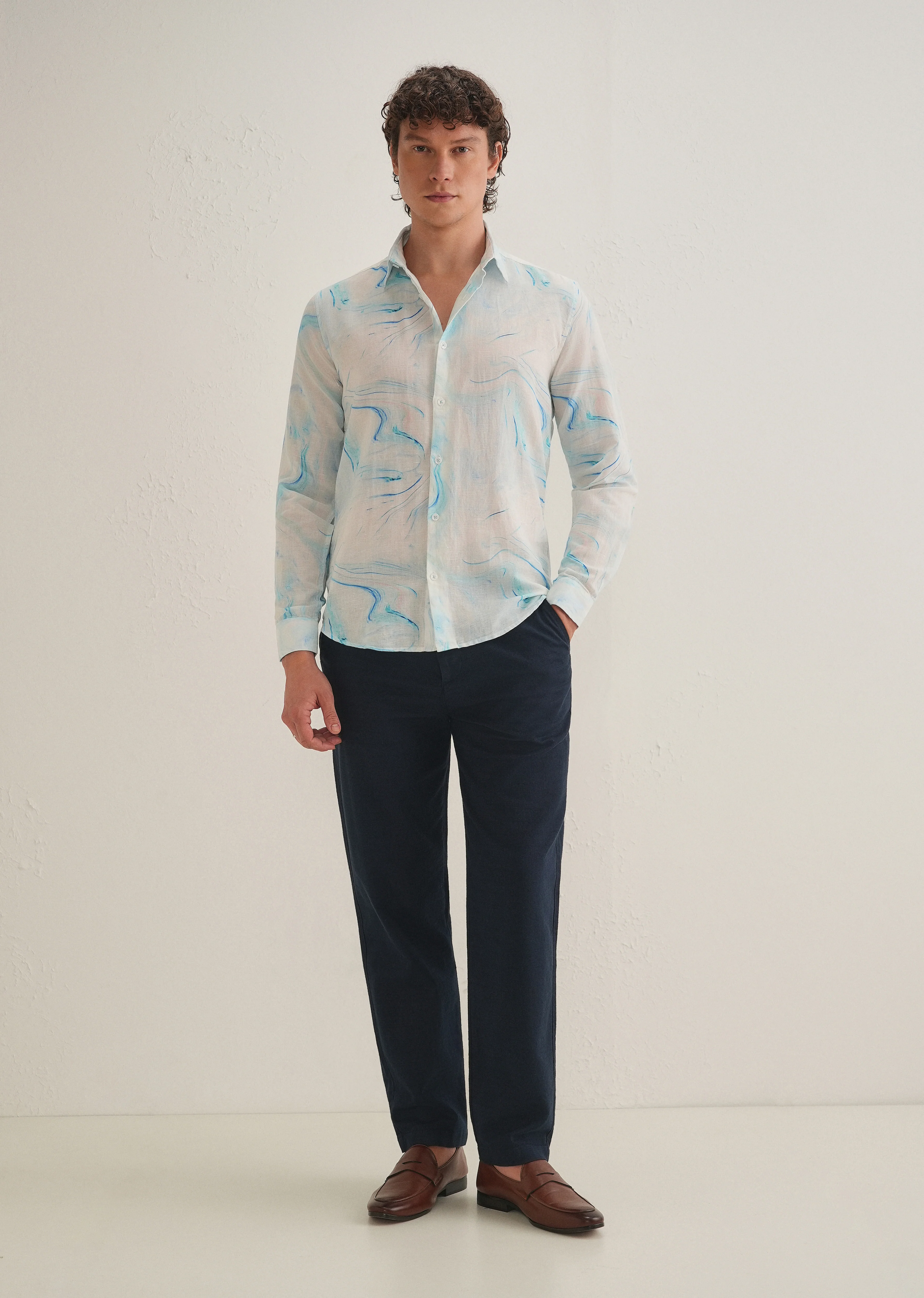 Blue Marble Printed Cotton Linen Shirt - Image 6