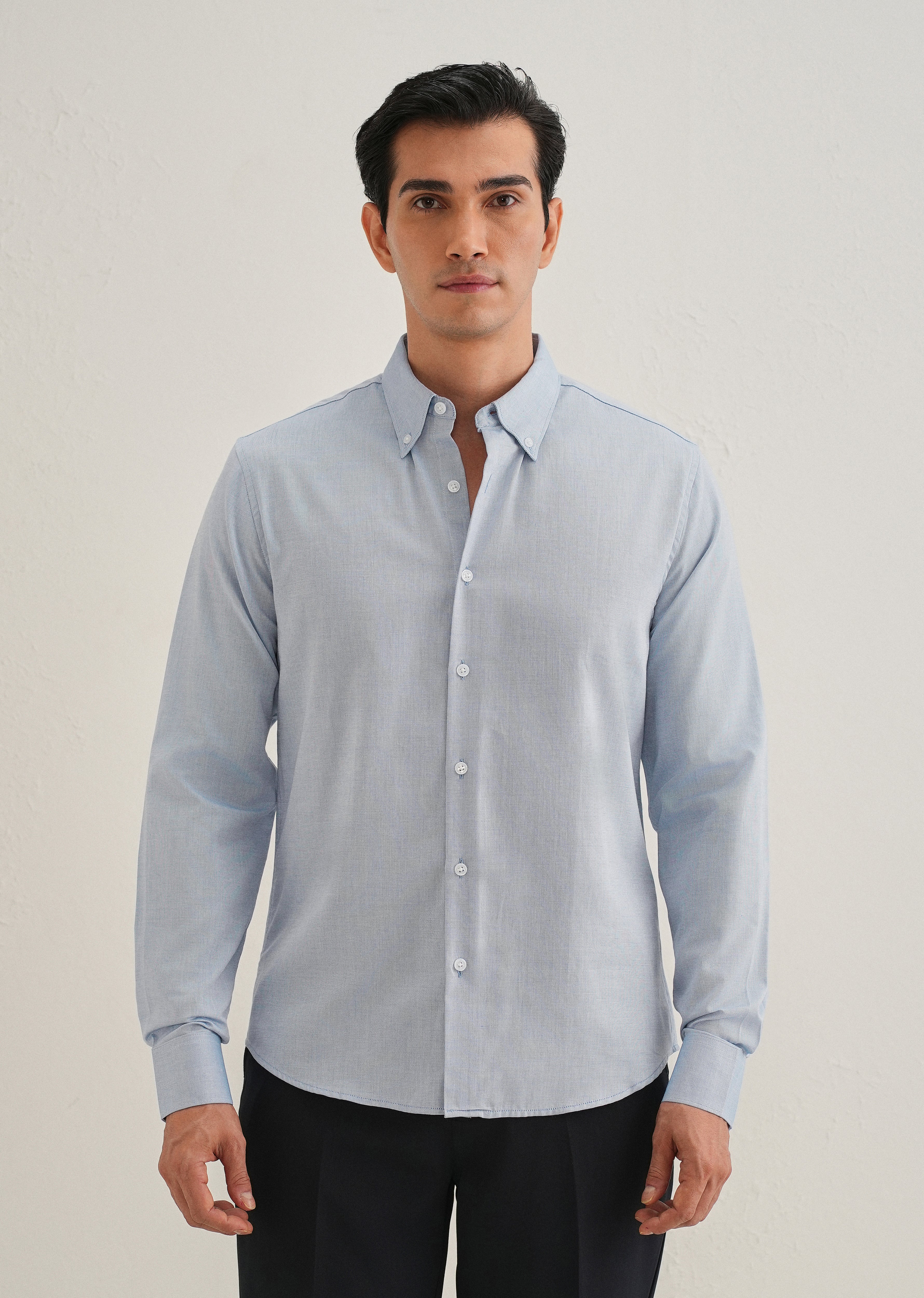 Blue Micro-Check Cotton Shirt - Image 3