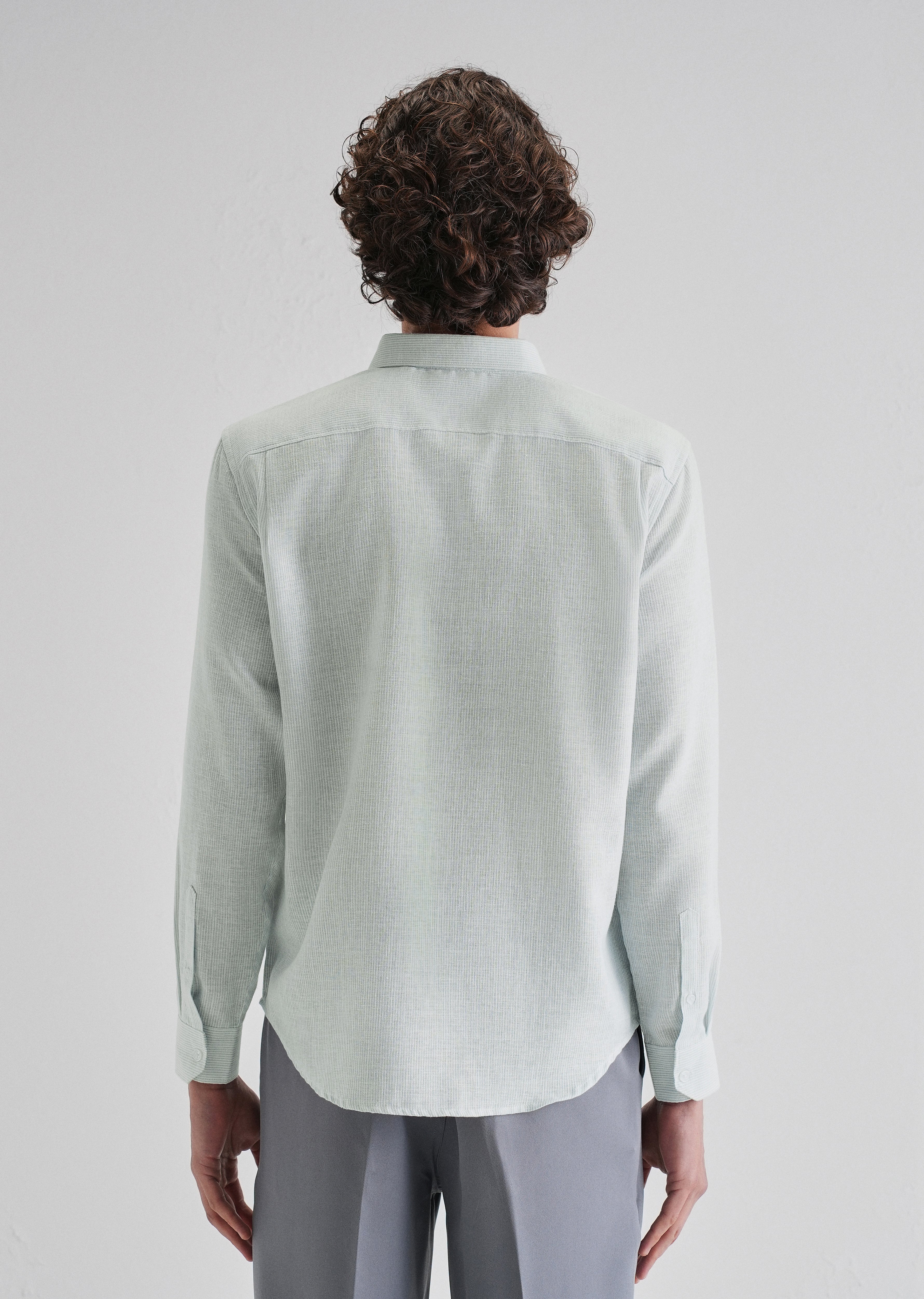 Blue Micro Striped Blended Linen Shirt - Image 3