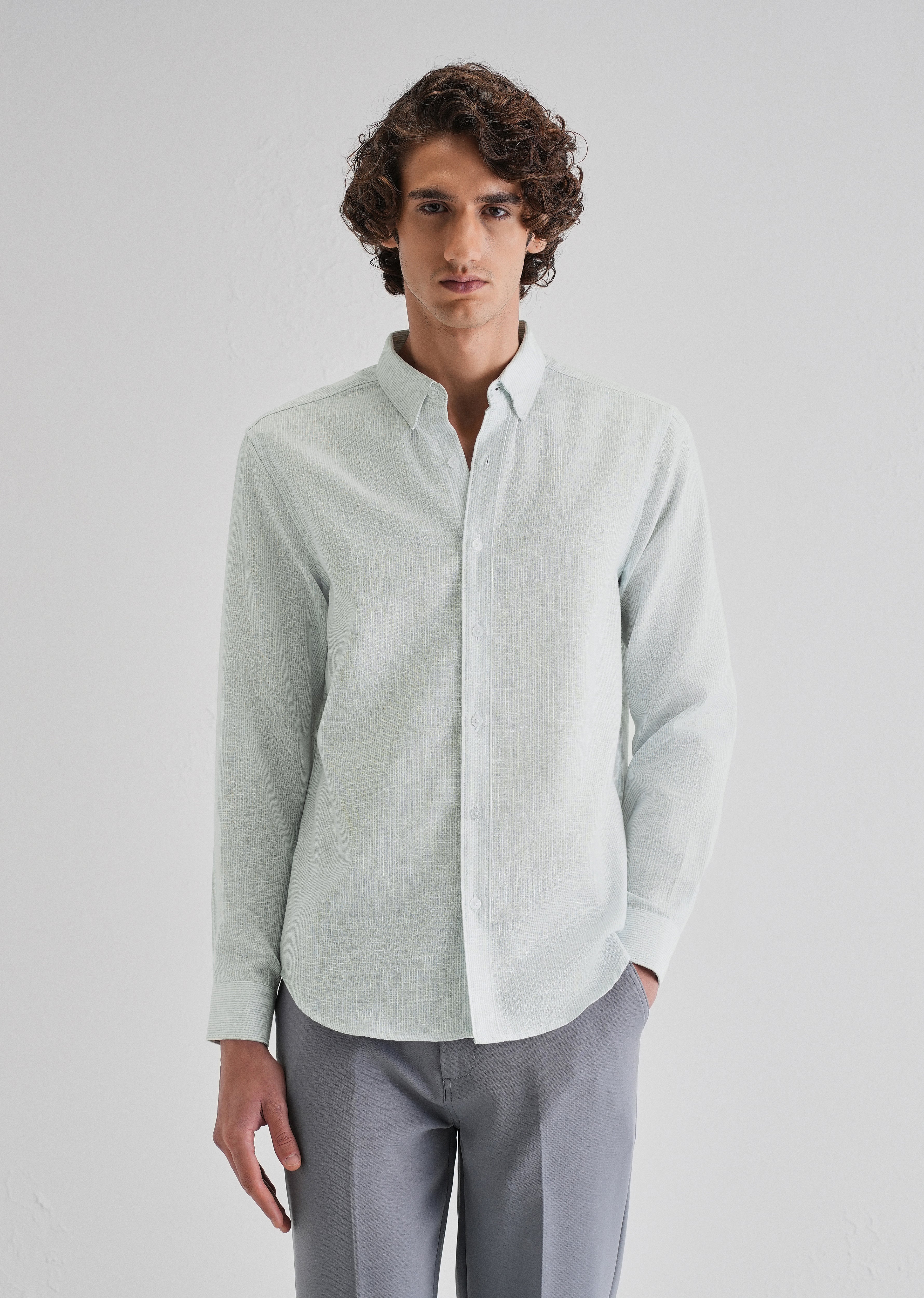 Blue Micro Striped Blended Linen Shirt - Image 4