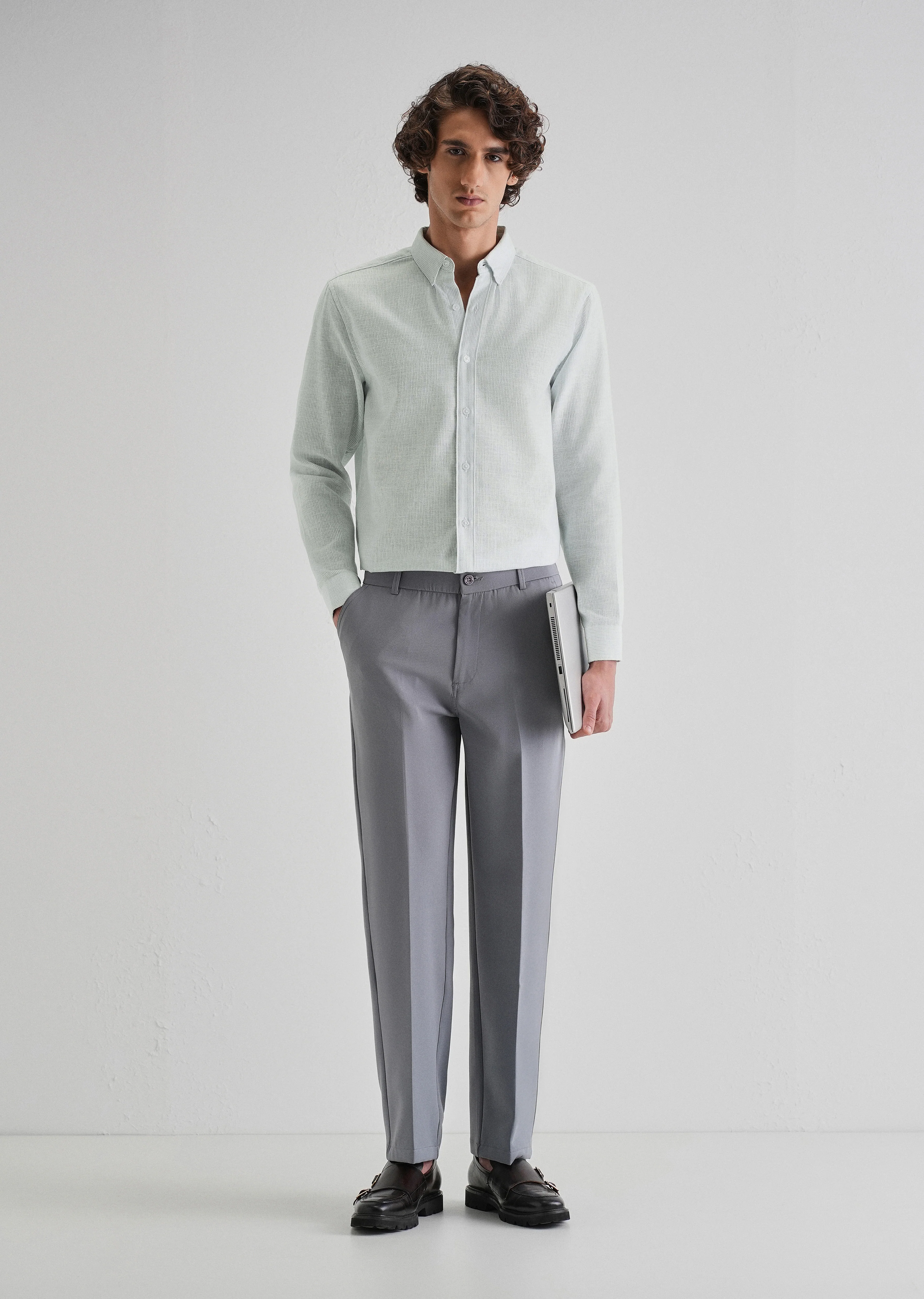 Blue Micro Striped Blended Linen Shirt - Image 6