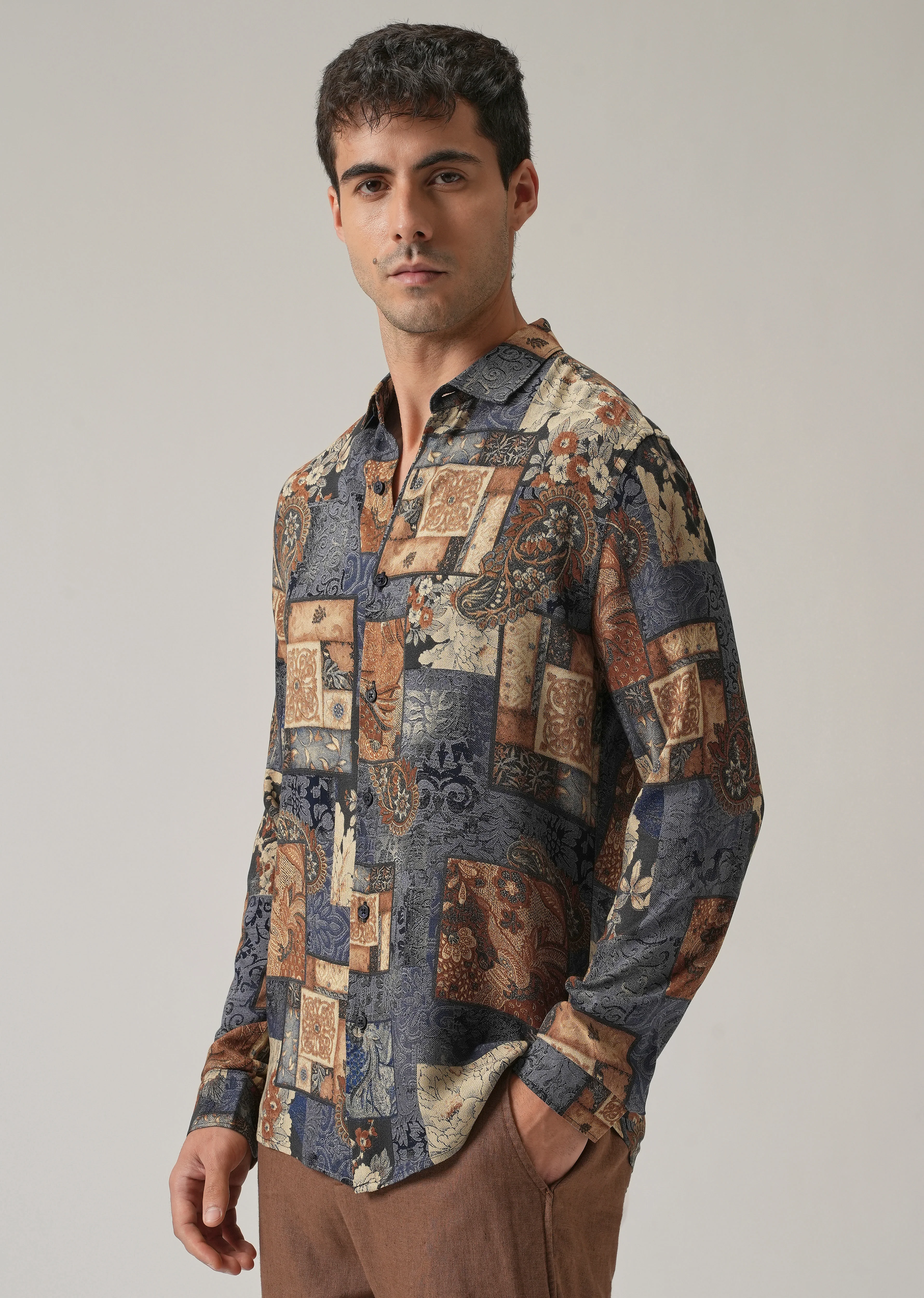 Blue Mosaic Print Feather Shirt - Image 4