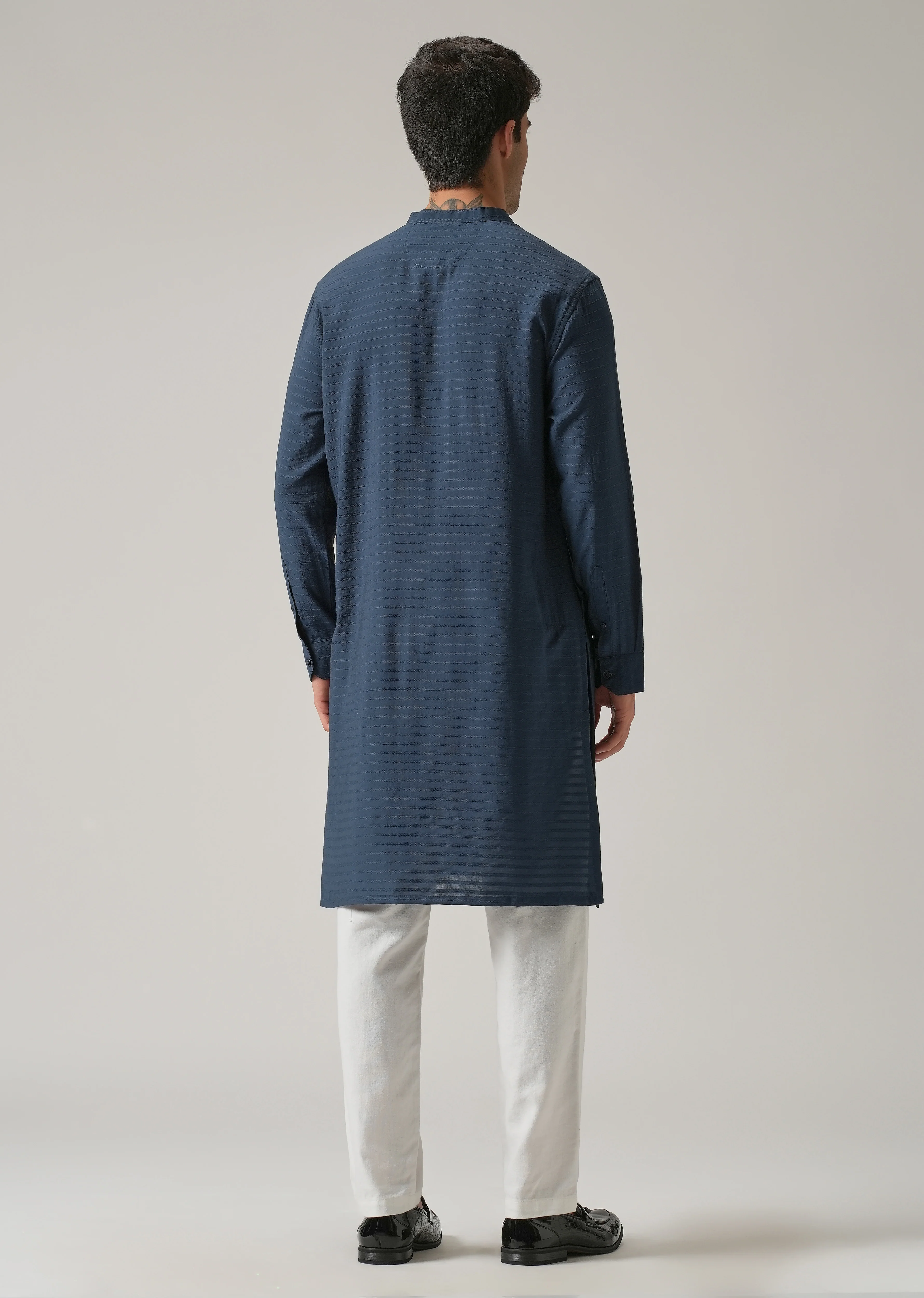 Blue Nylon Self Stripe Kurta - Image 2