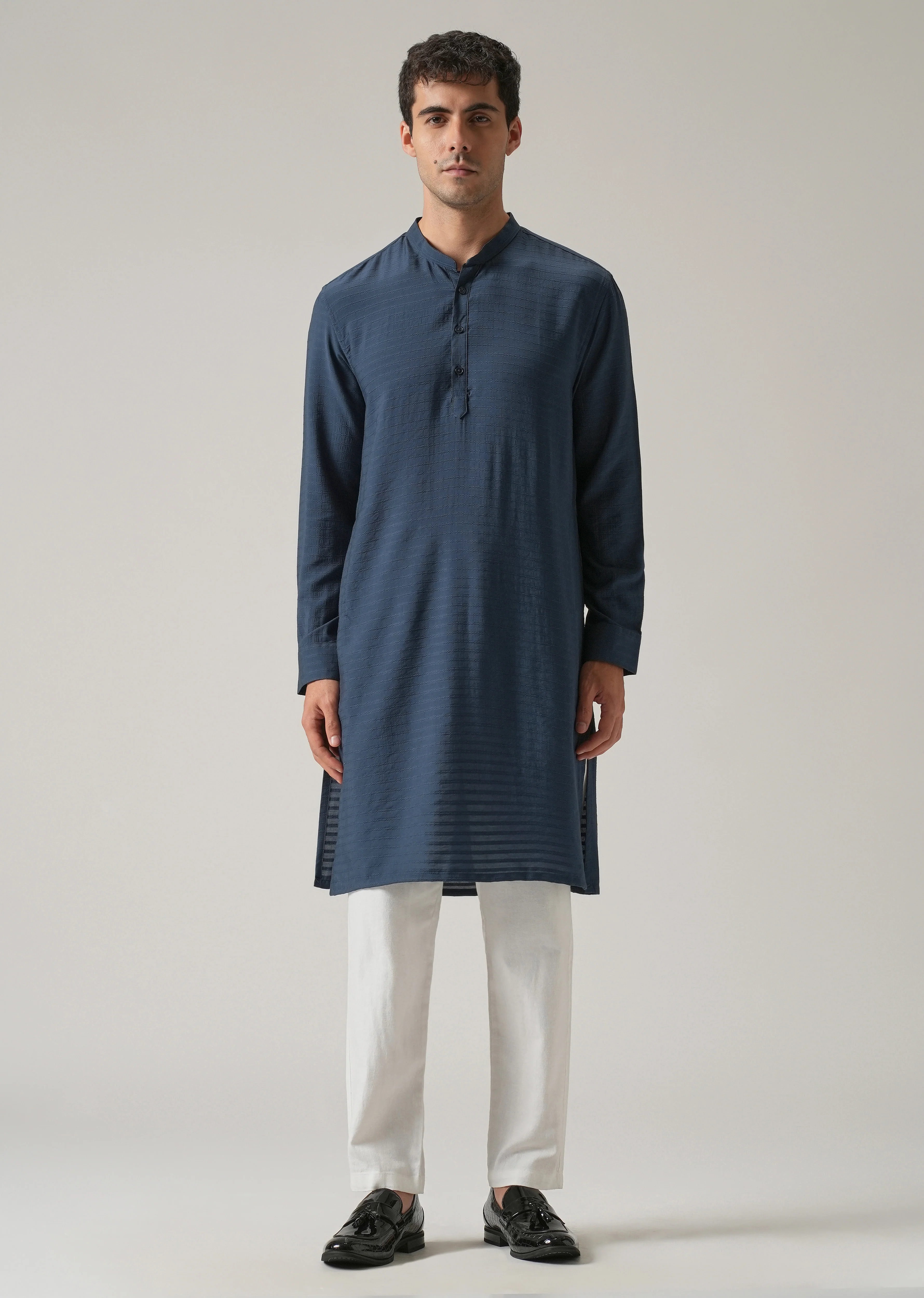 Blue Nylon Self Stripe Kurta - Image 3