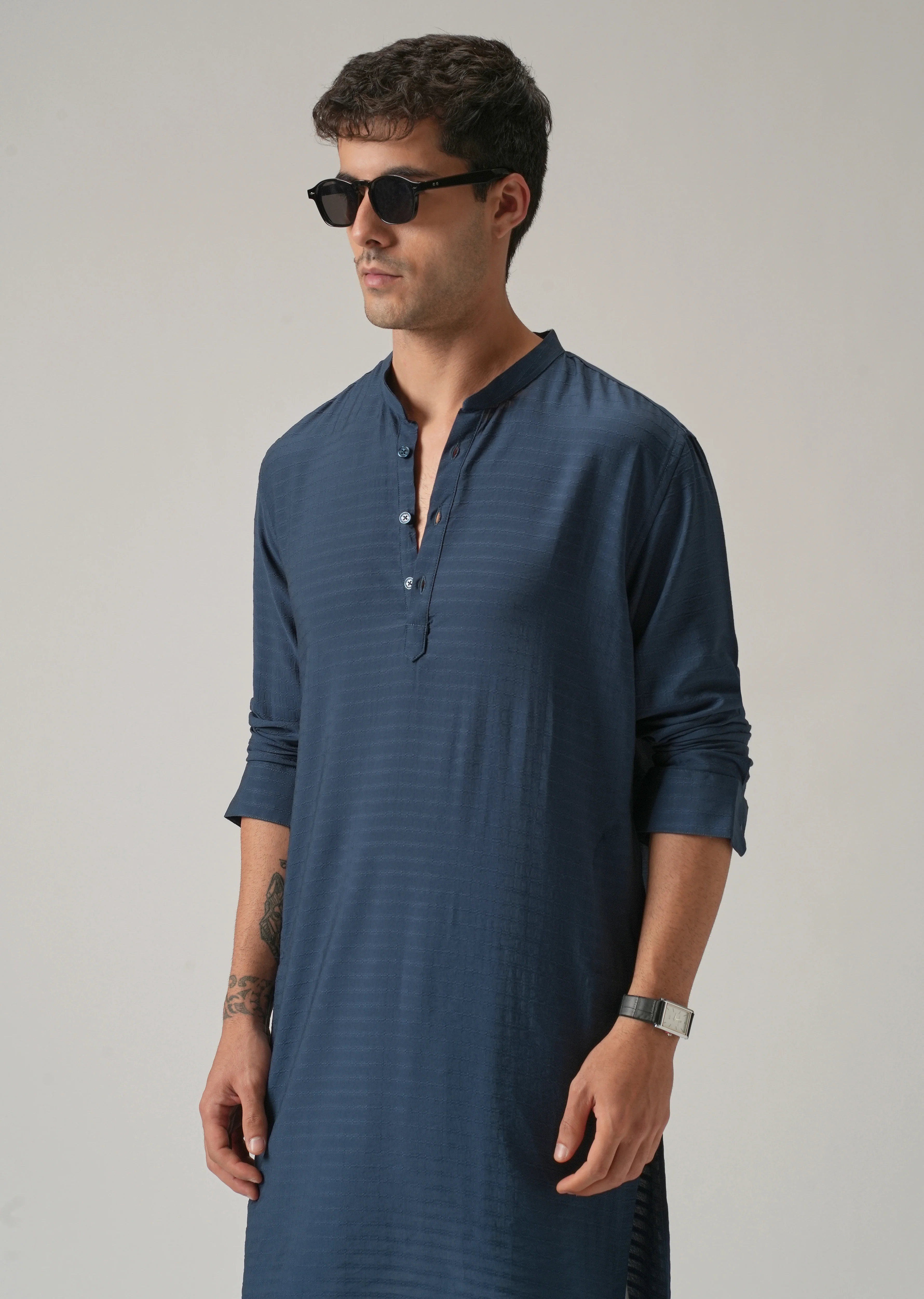 Blue Nylon Self Stripe Kurta - Image 6
