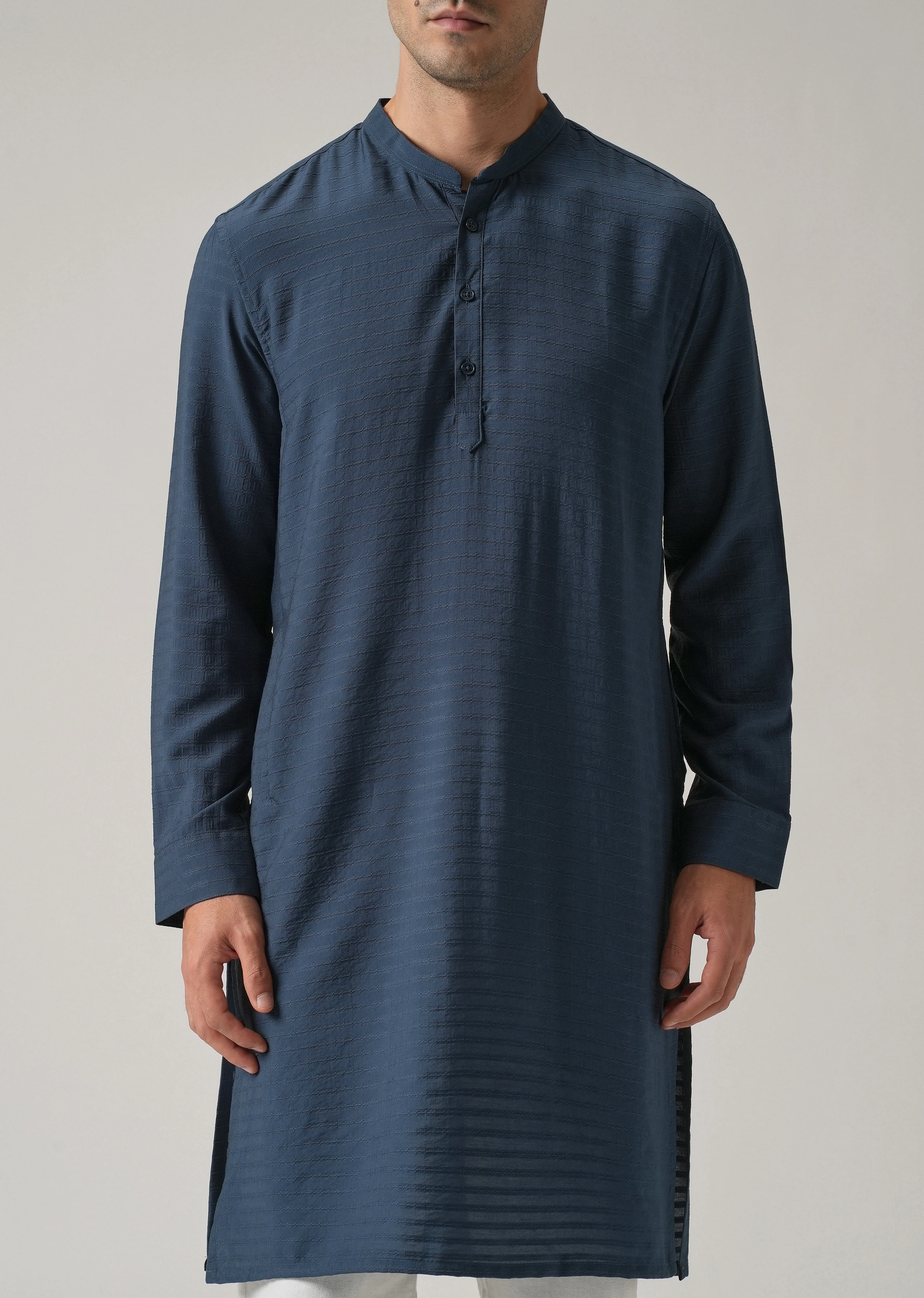Blue Nylon Self Stripe Kurta - Image 7