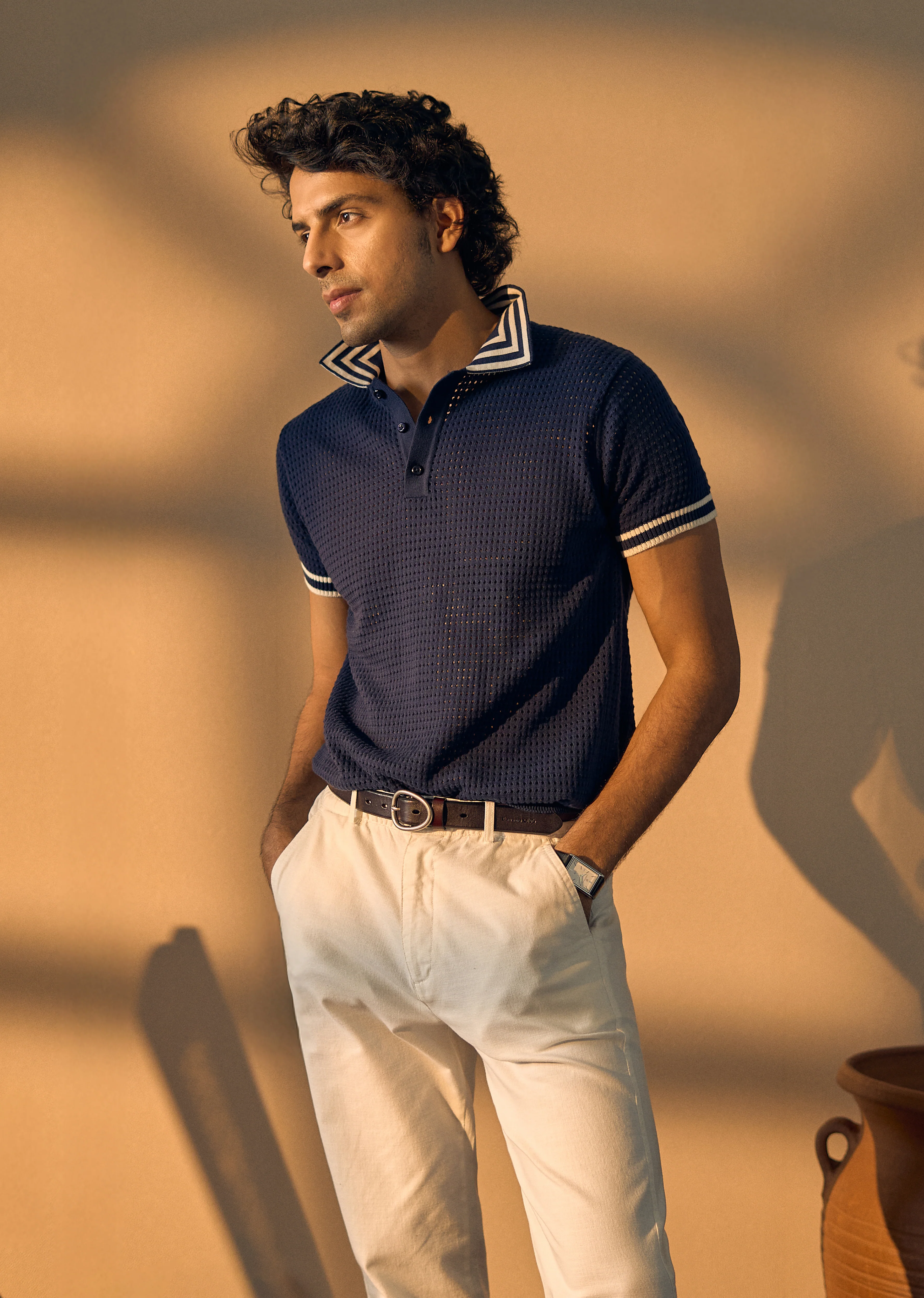 Blue Open Knitted Polo T-shirt - Image 2