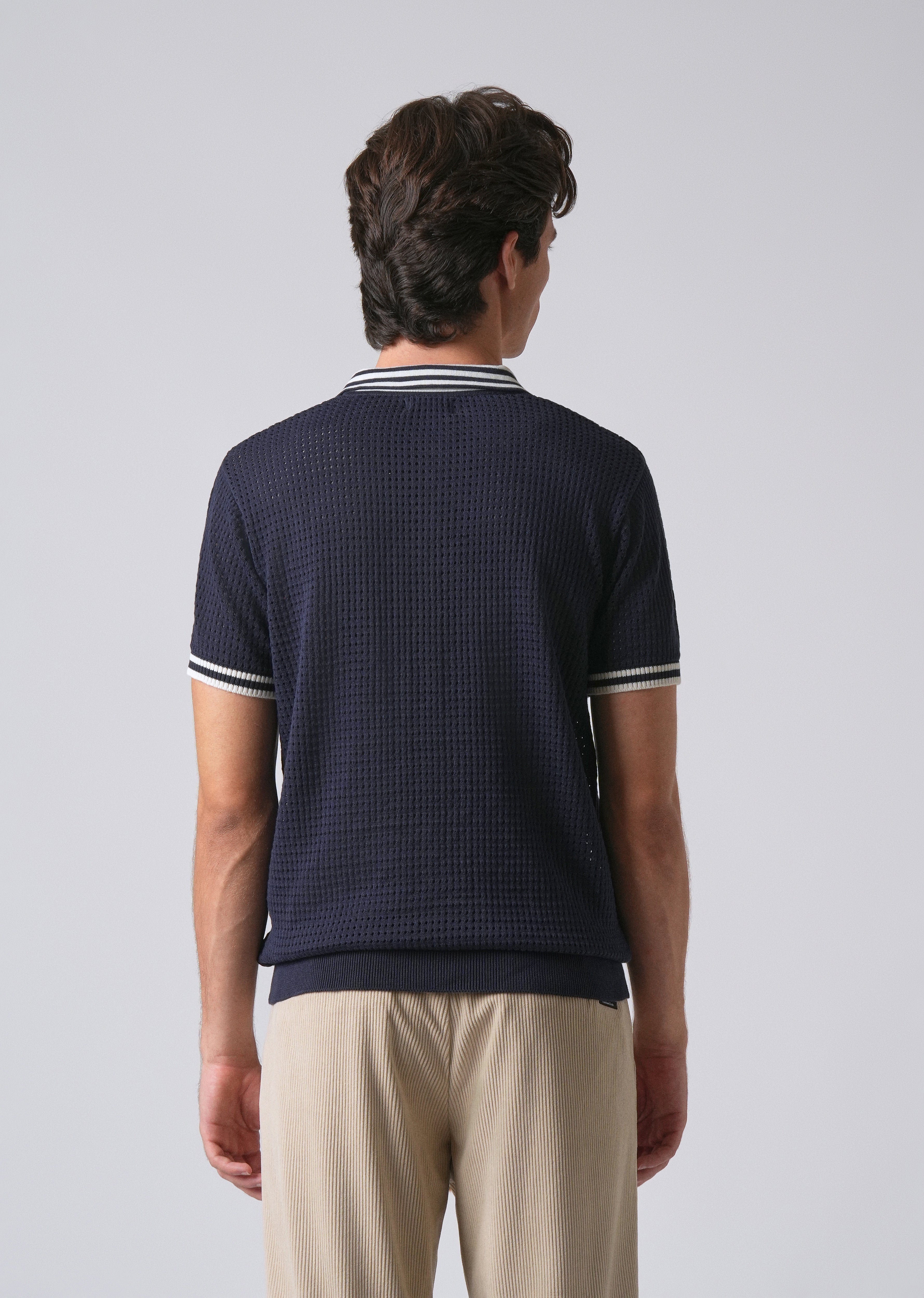 Blue Open Knitted Polo T-shirt - Image 3