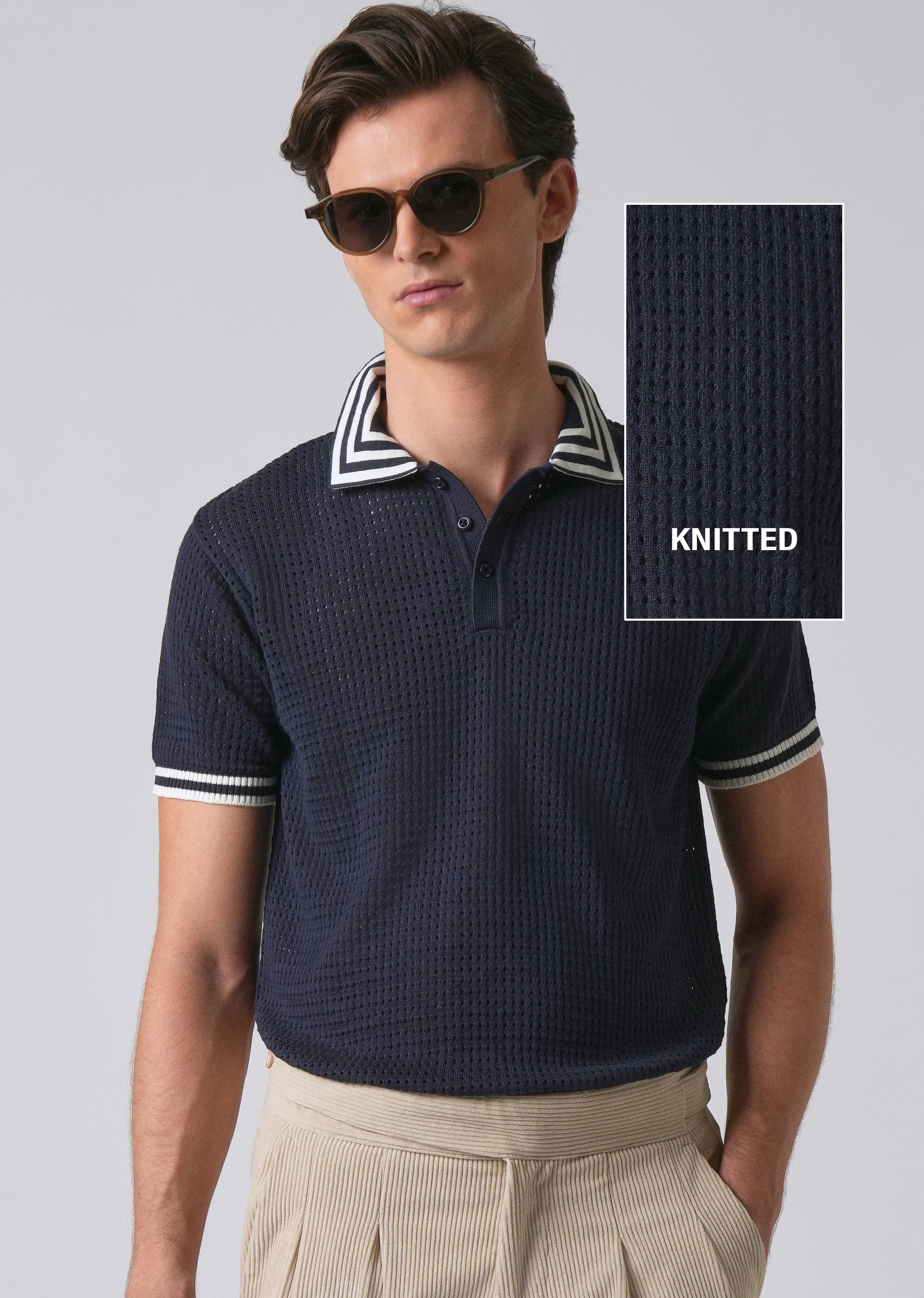 Blue Open Knitted Polo T-shirt - Image 8