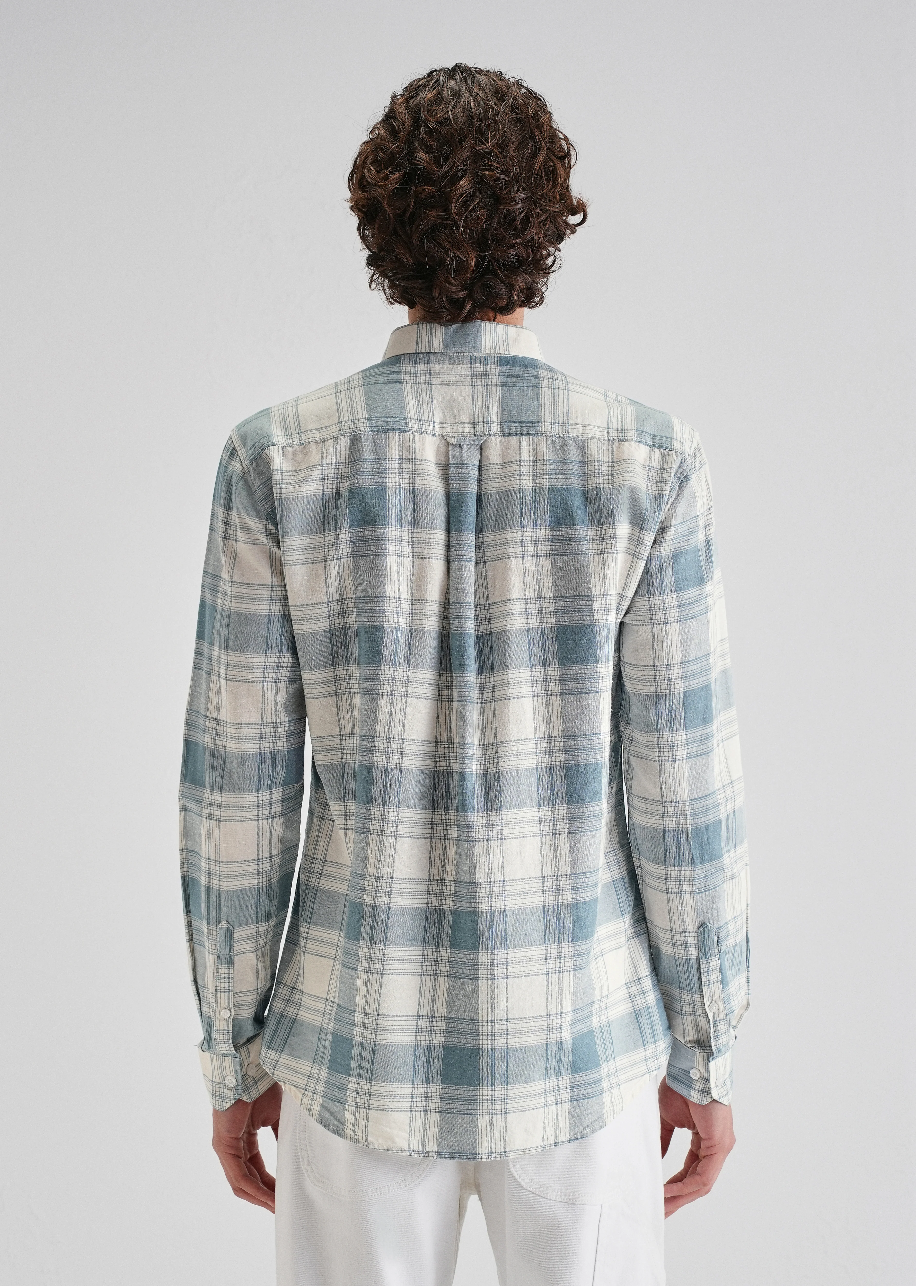 Blue Plaid Checked Cotton Linen Shirt - Image 2