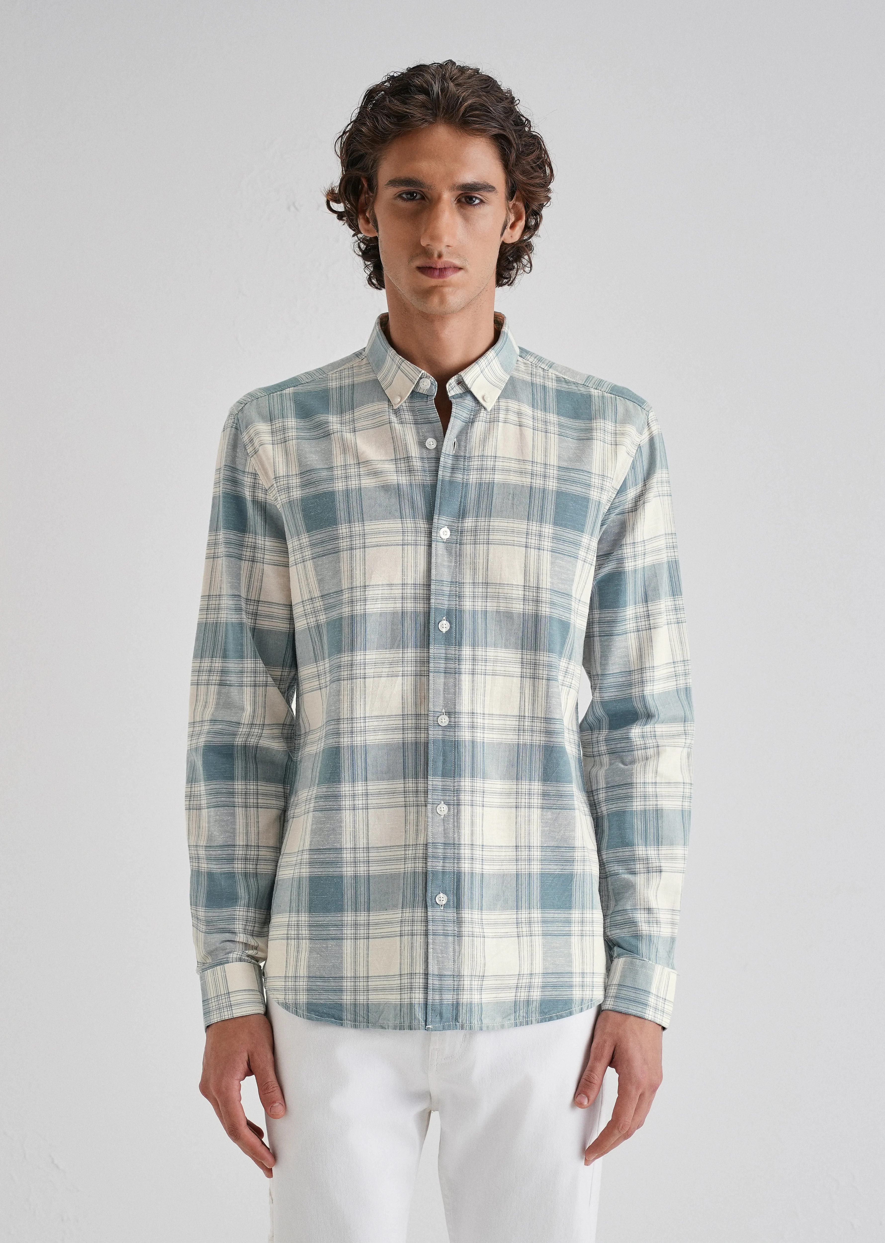 Blue Plaid Checked Cotton Linen Shirt - Image 3