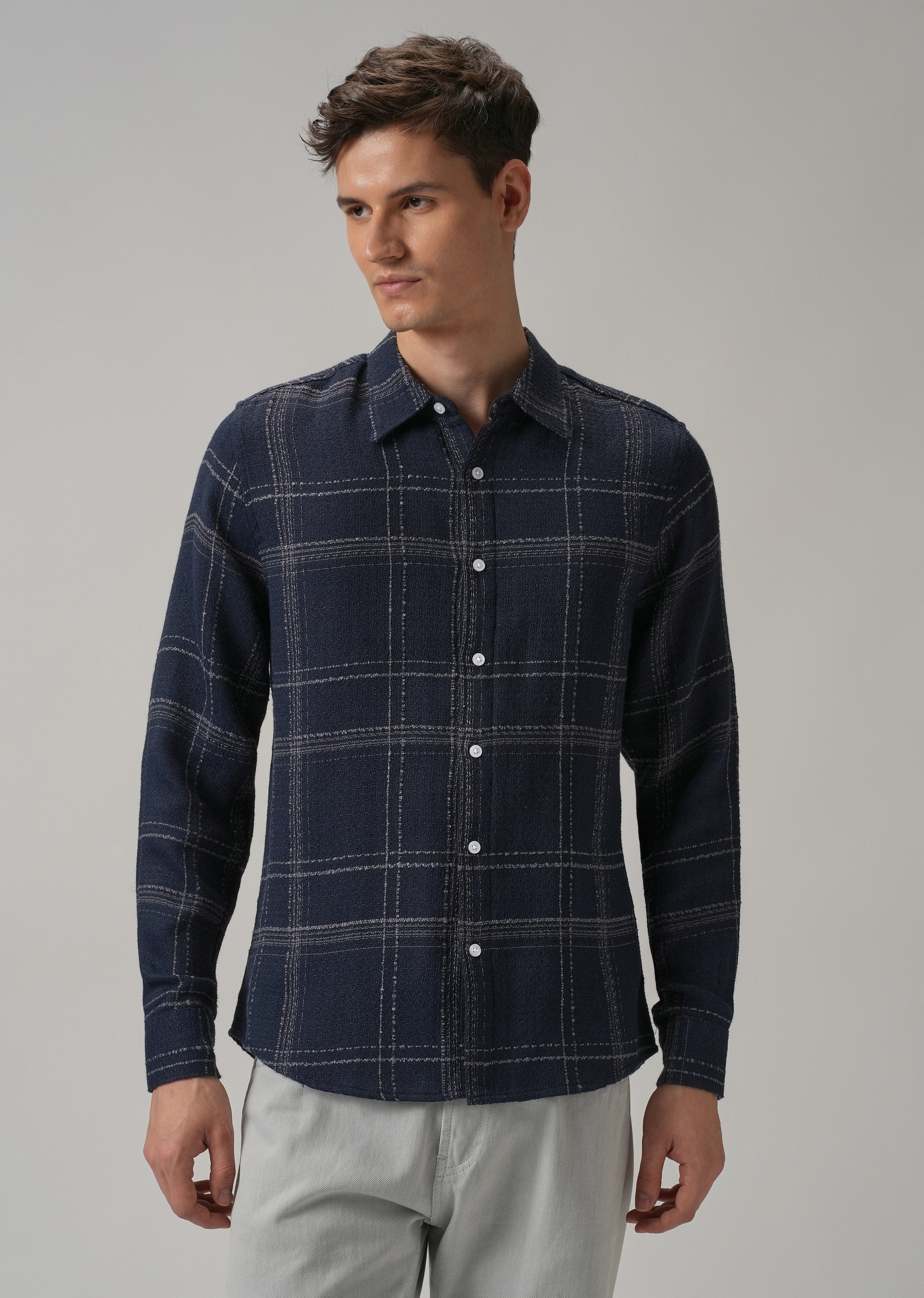 Blue Plaid Textured Cotton Check Shirt - Image 3