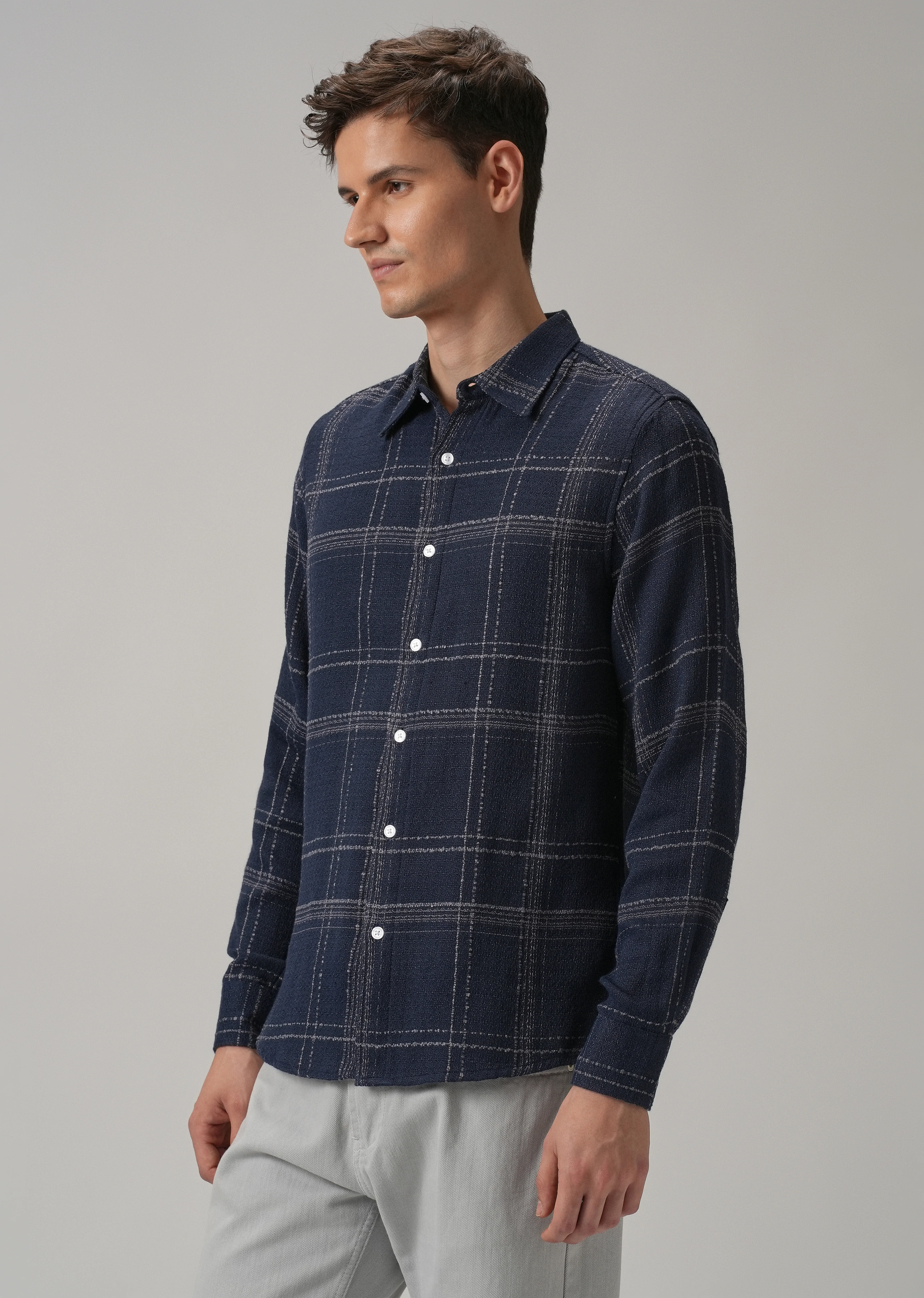 Blue Plaid Textured Cotton Check Shirt - Image 4