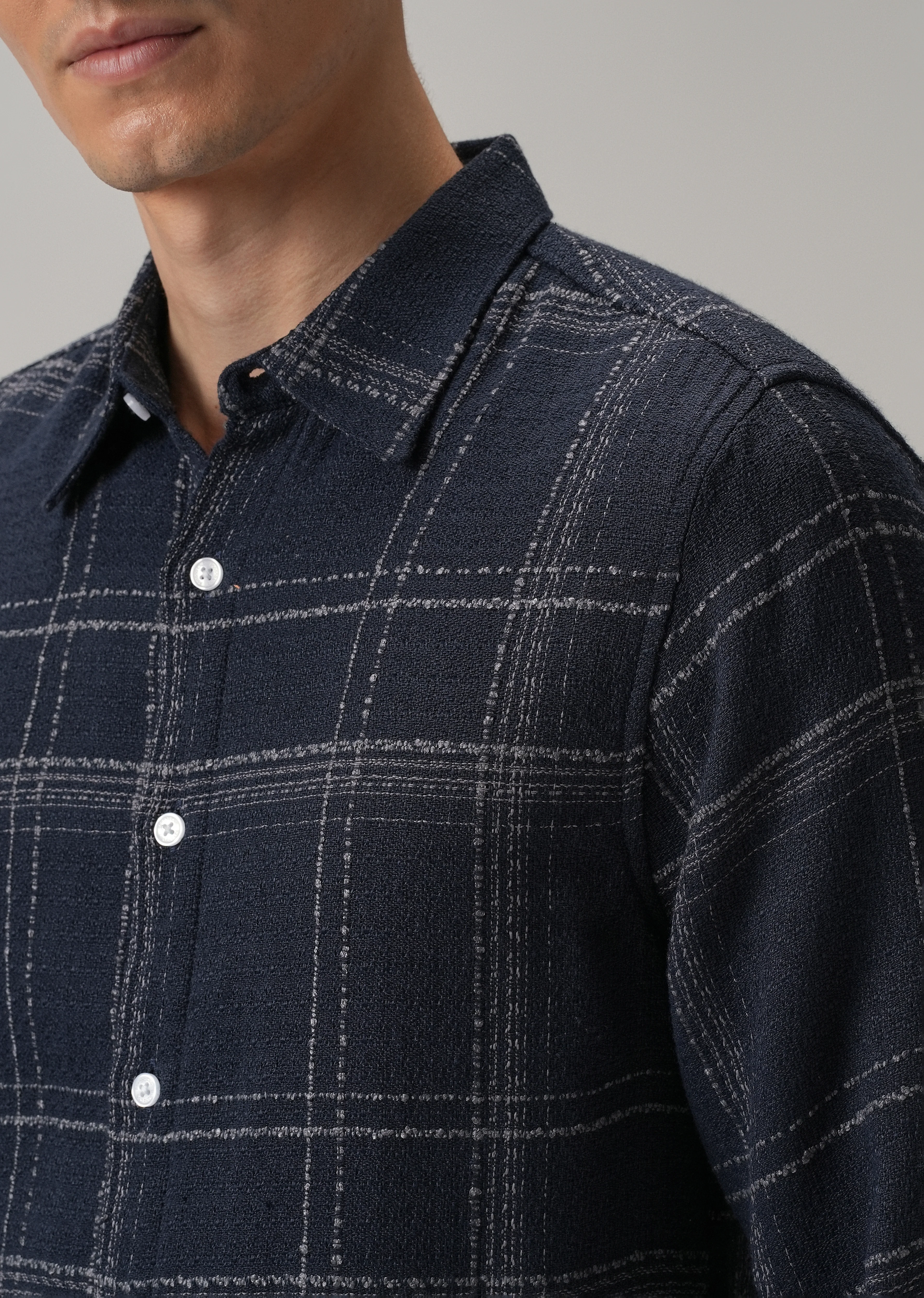 Blue Plaid Textured Cotton Check Shirt - Image 5