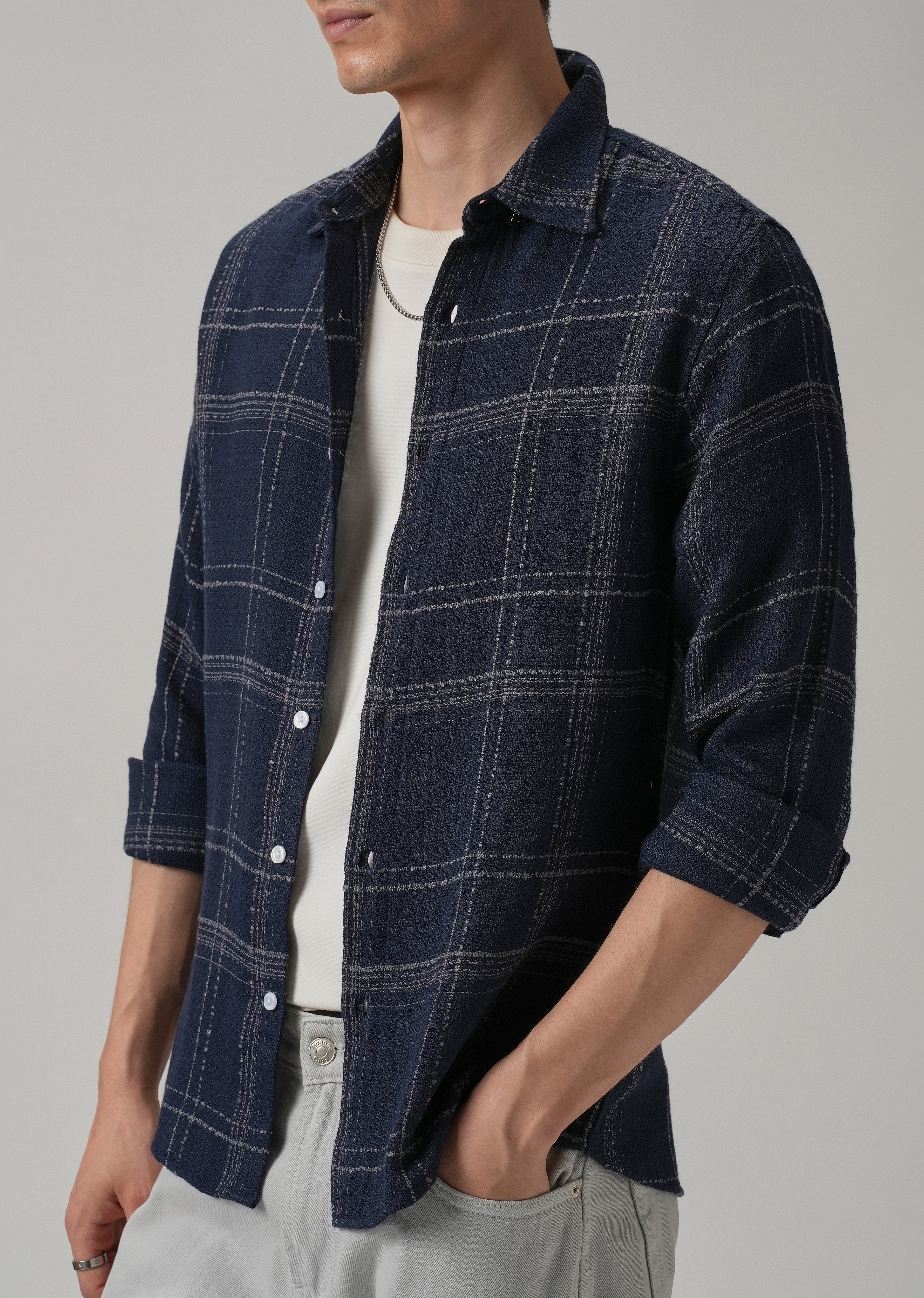 Blue Plaid Textured Cotton Check Shirt - Image 7