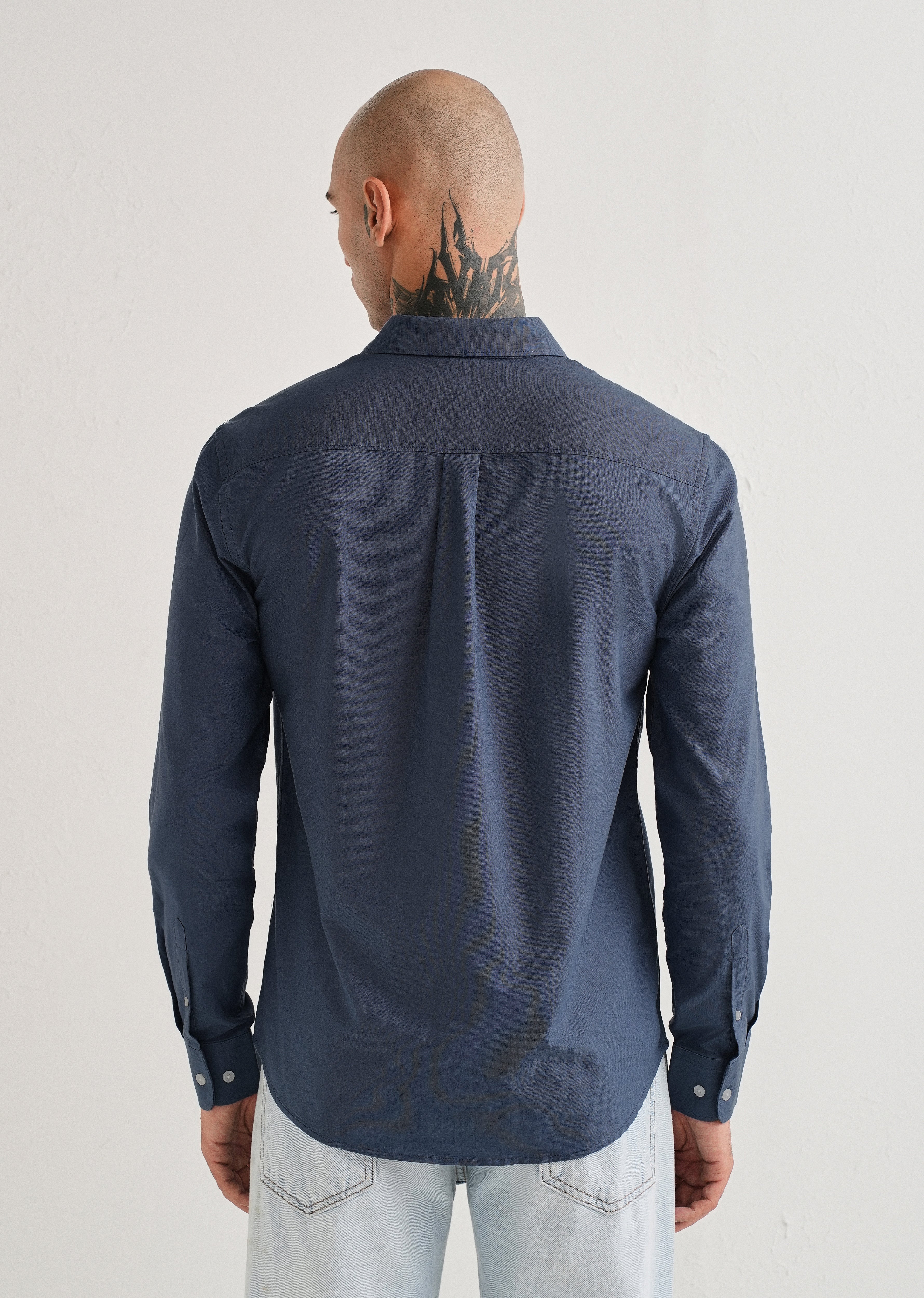 Blue Plain Cotton Oxford Shirt - Image 2