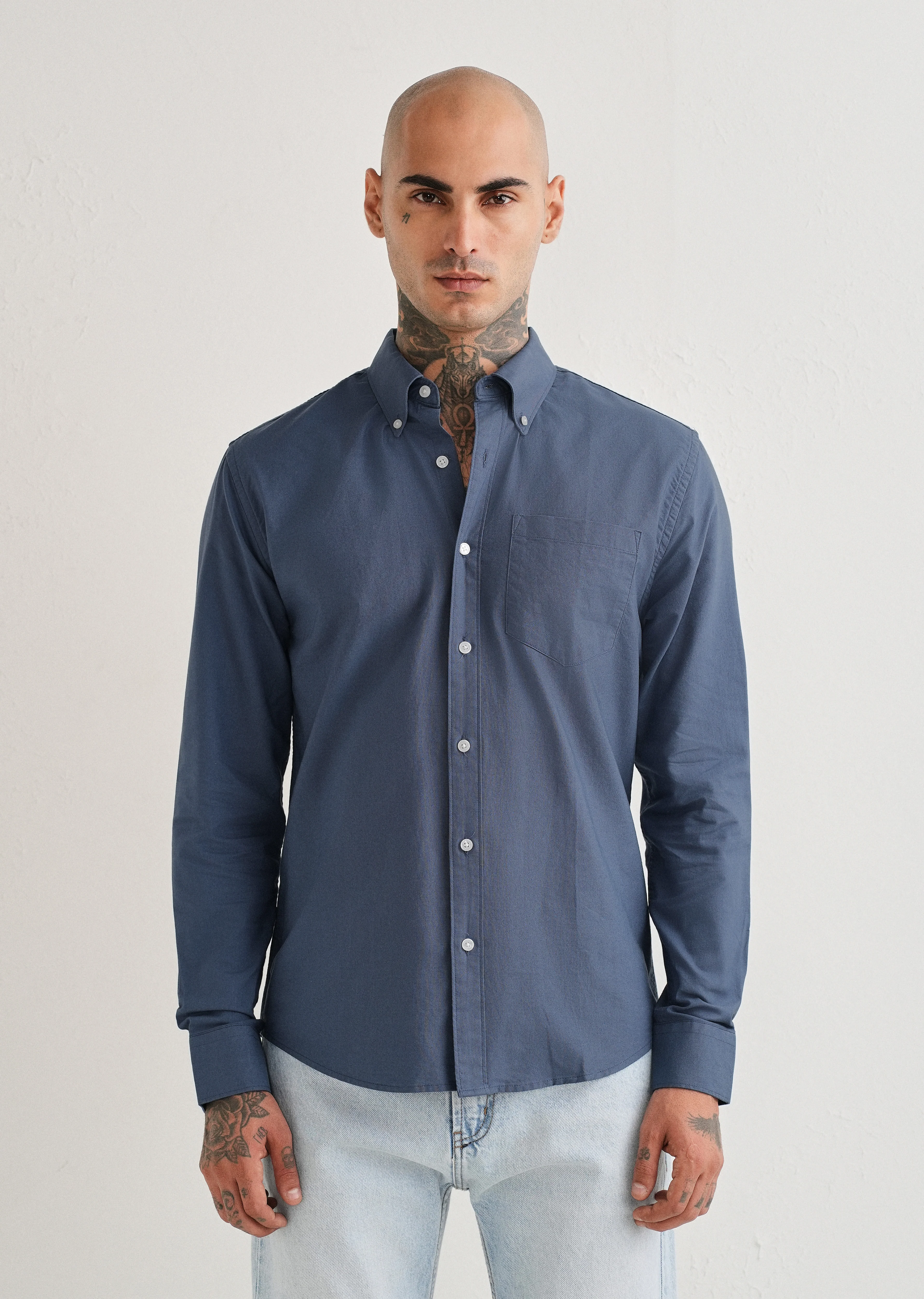 Blue Plain Cotton Oxford Shirt - Image 3