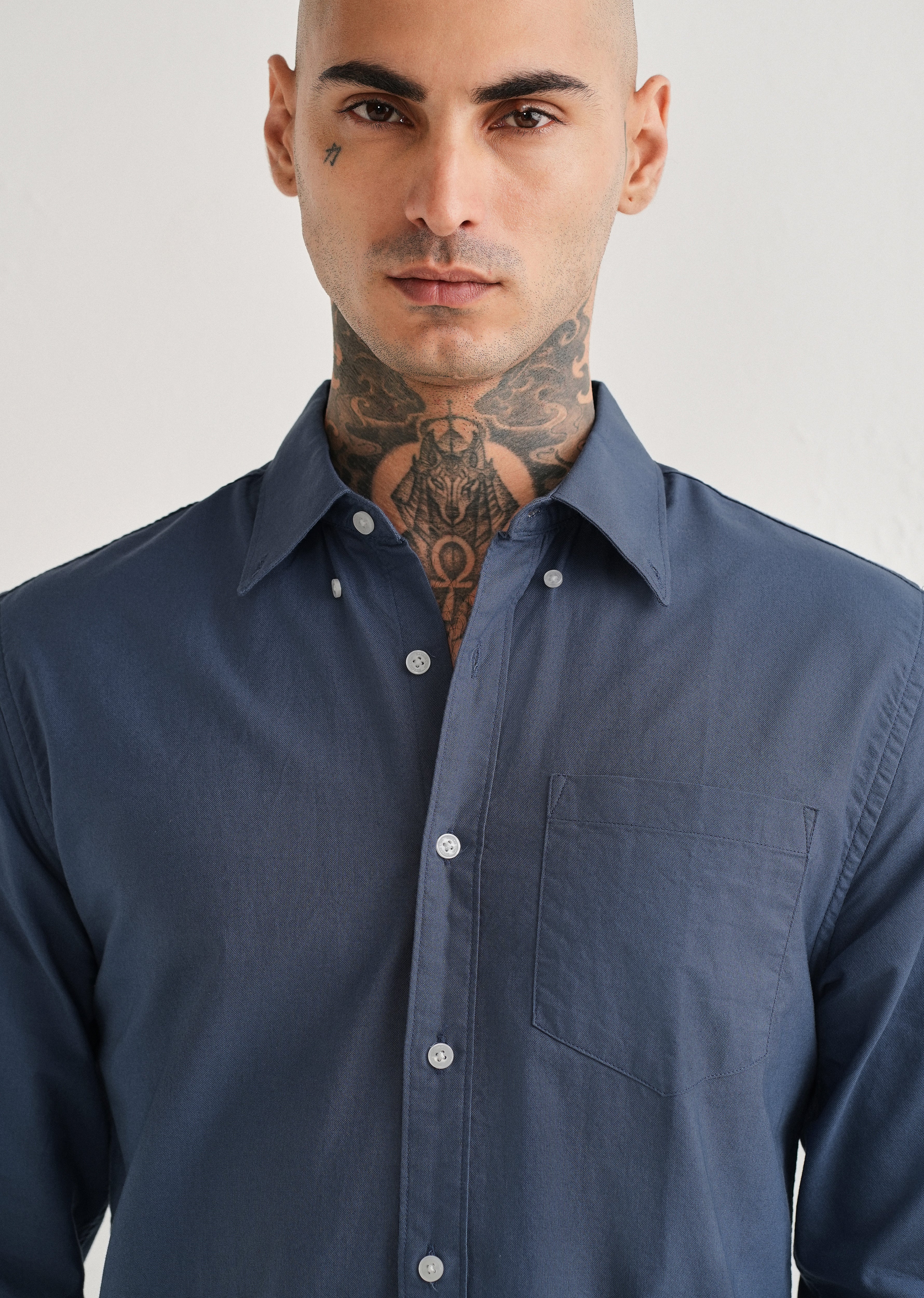 Blue Plain Cotton Oxford Shirt - Image 4