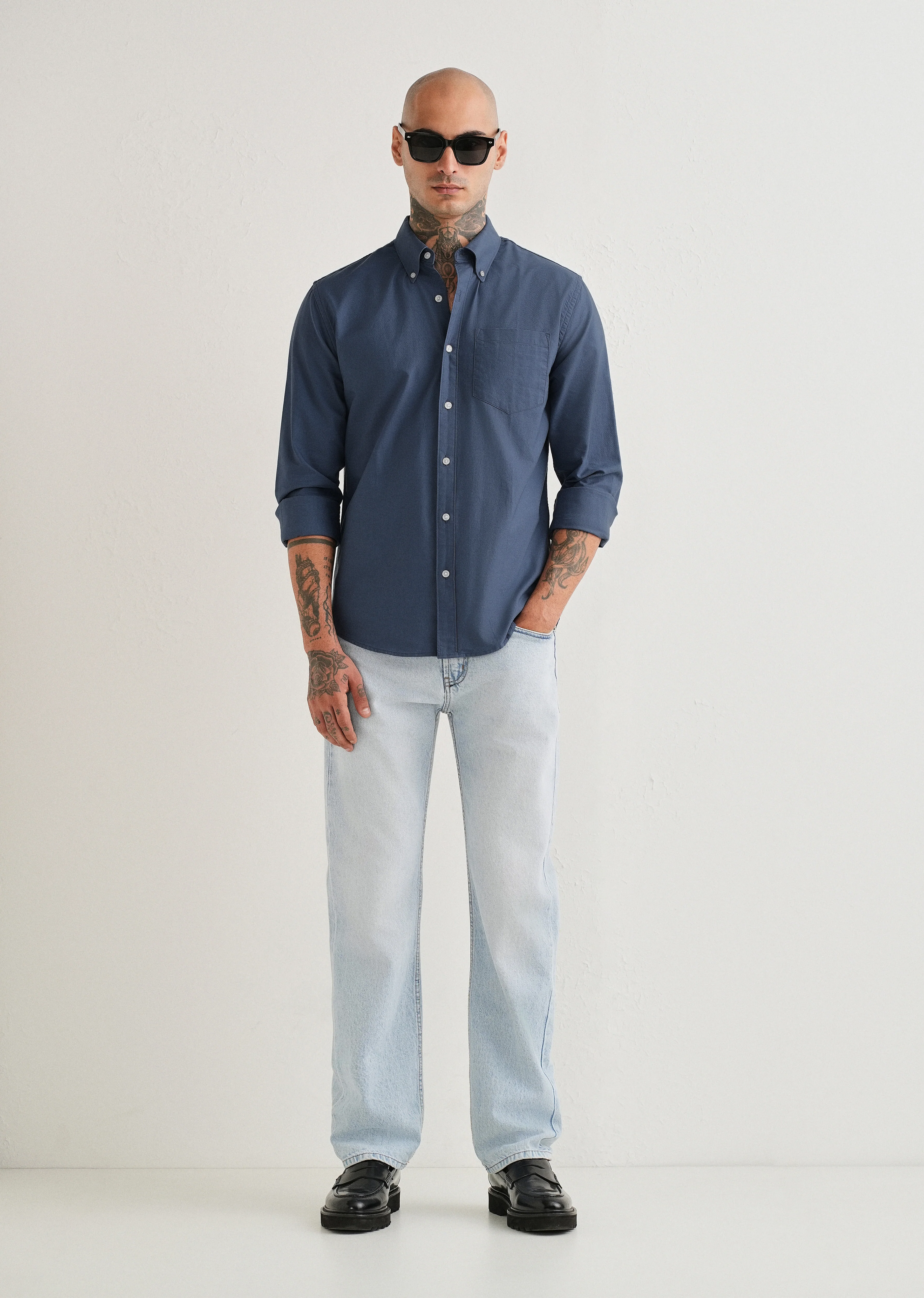 Blue Plain Cotton Oxford Shirt - Image 6
