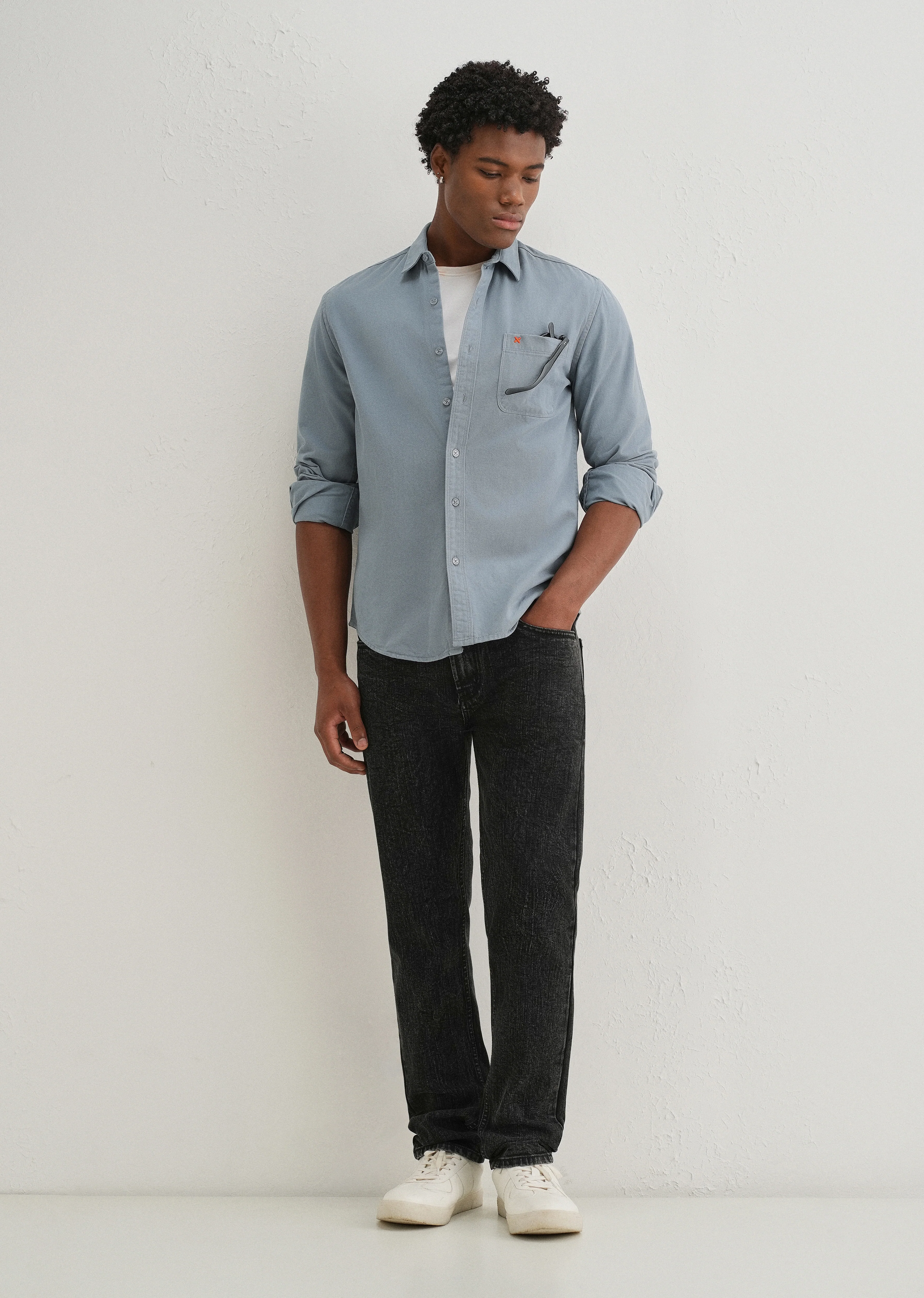 Blue Plain Cotton Single Pocket Shirt - Image 6