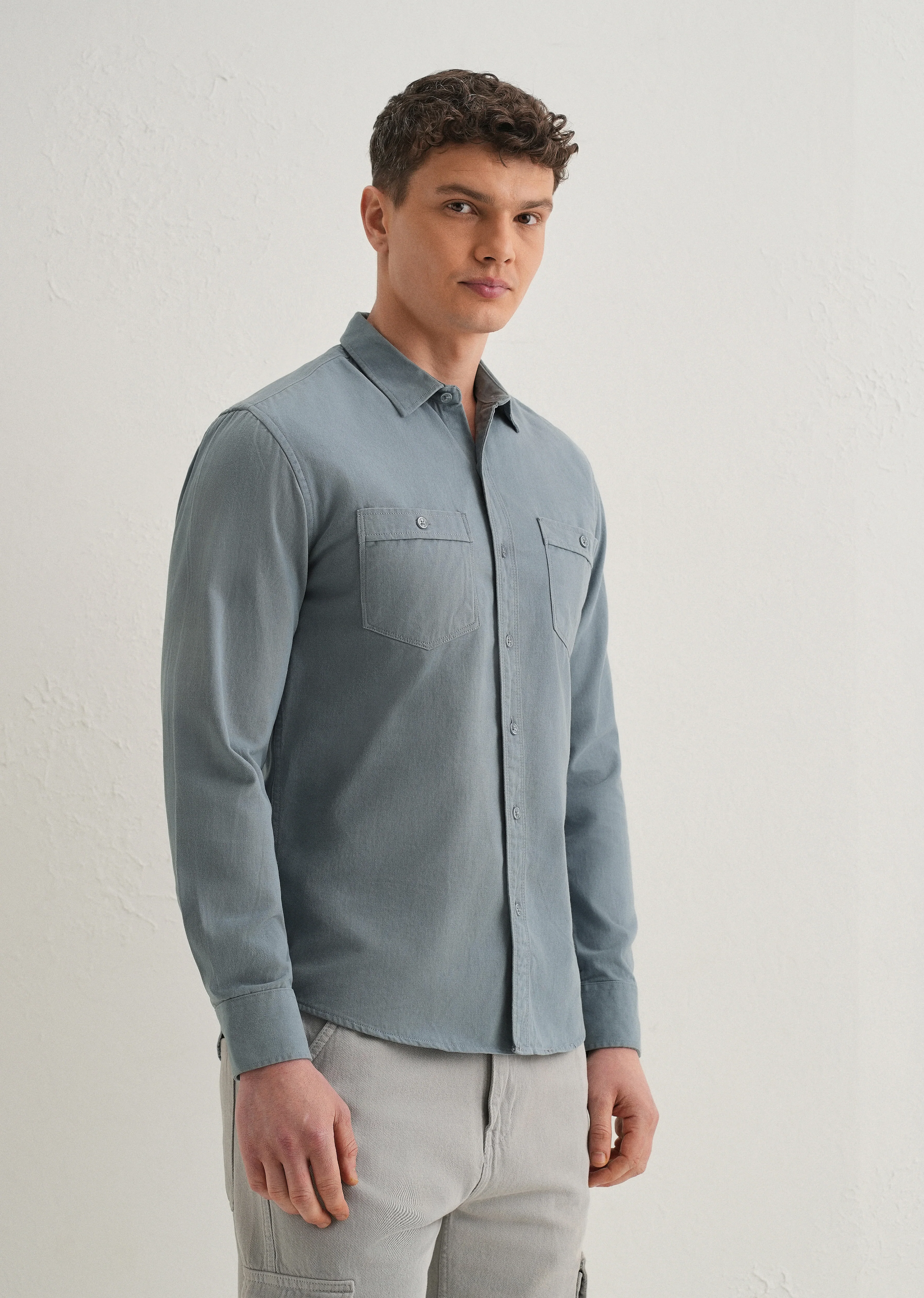 Blue Plain Double Pocket Shirt - Image 4