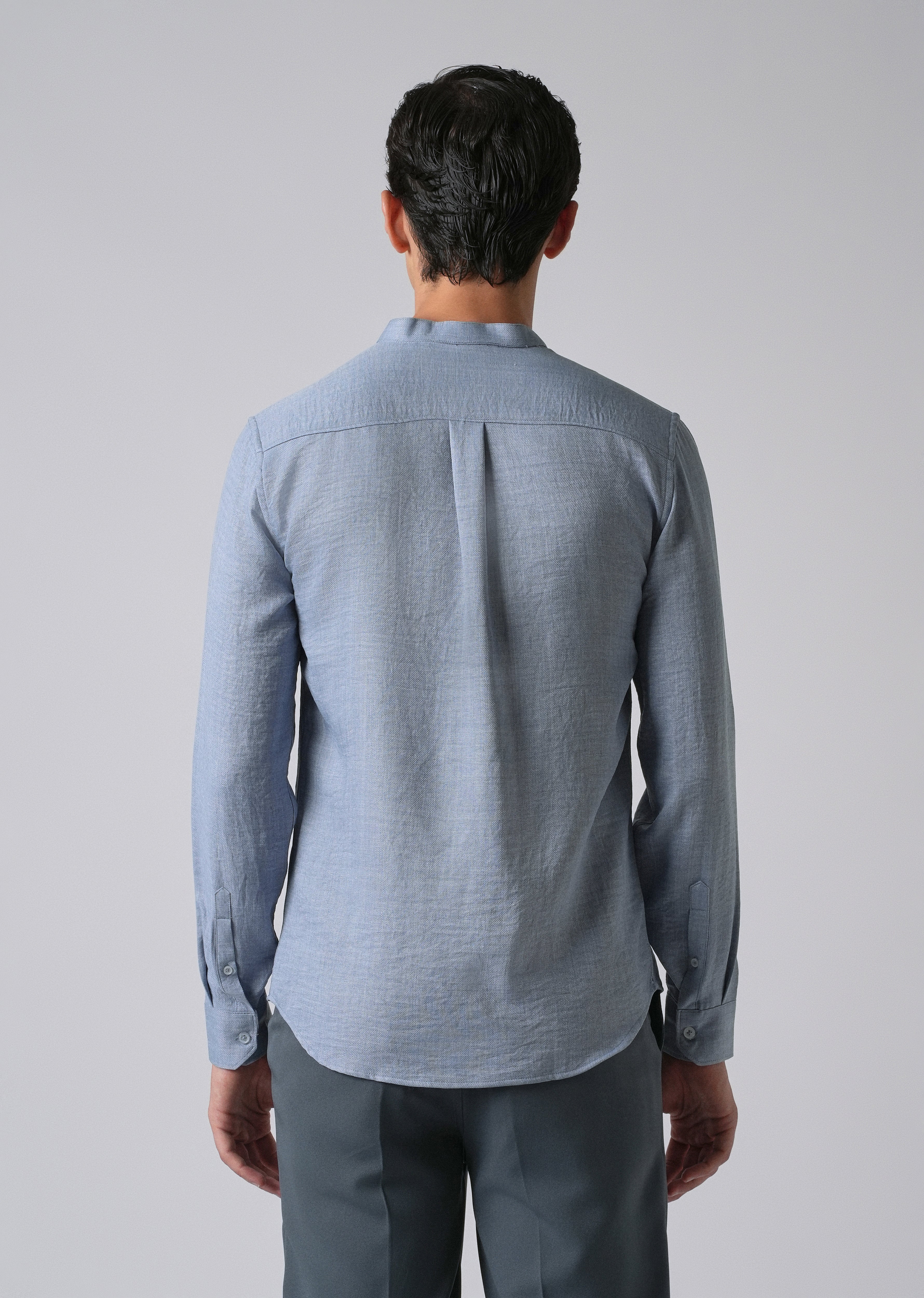 Blue Plain Mandarin Collar Shirt - Image 2