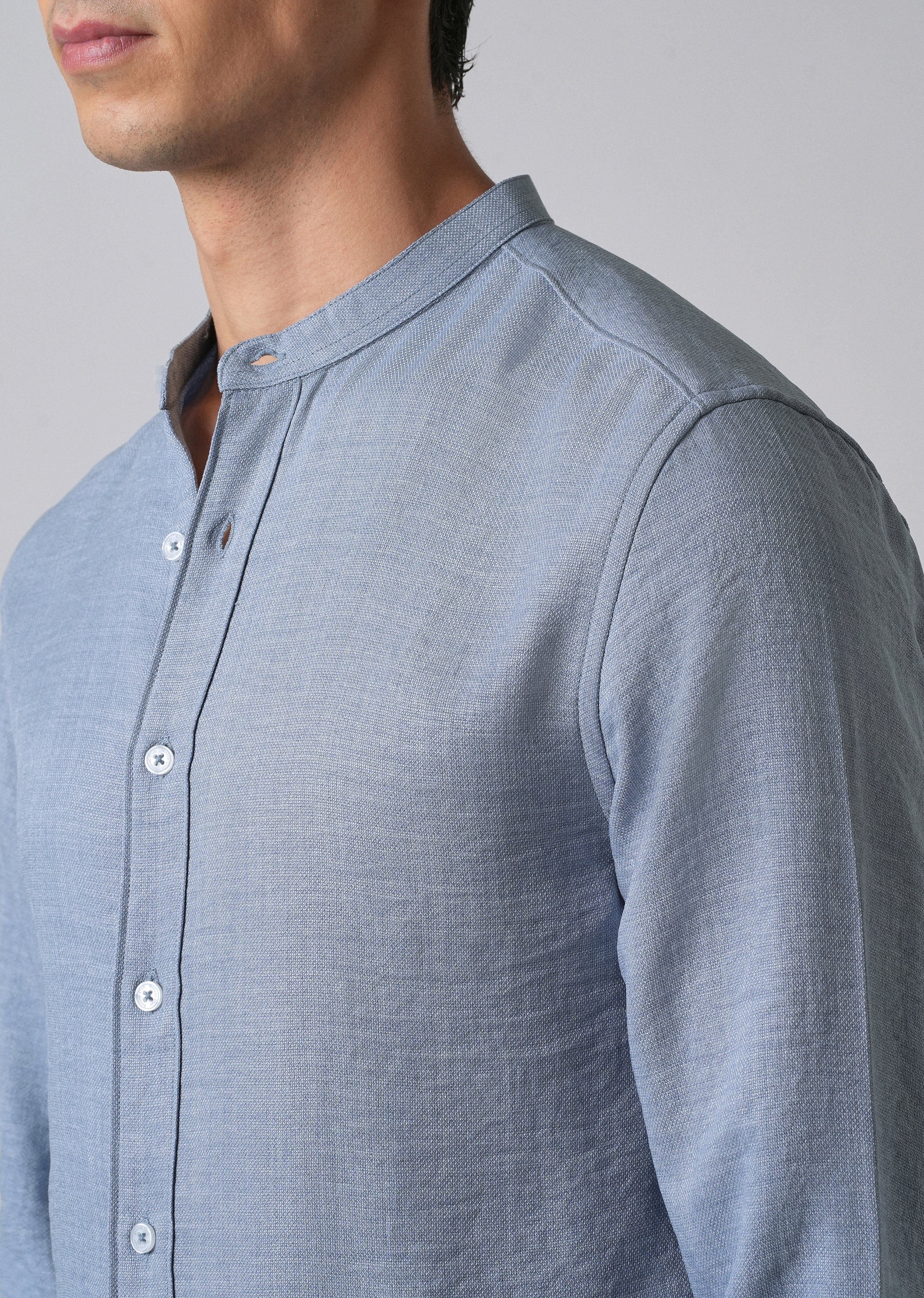 Blue Plain Mandarin Collar Shirt - Image 5