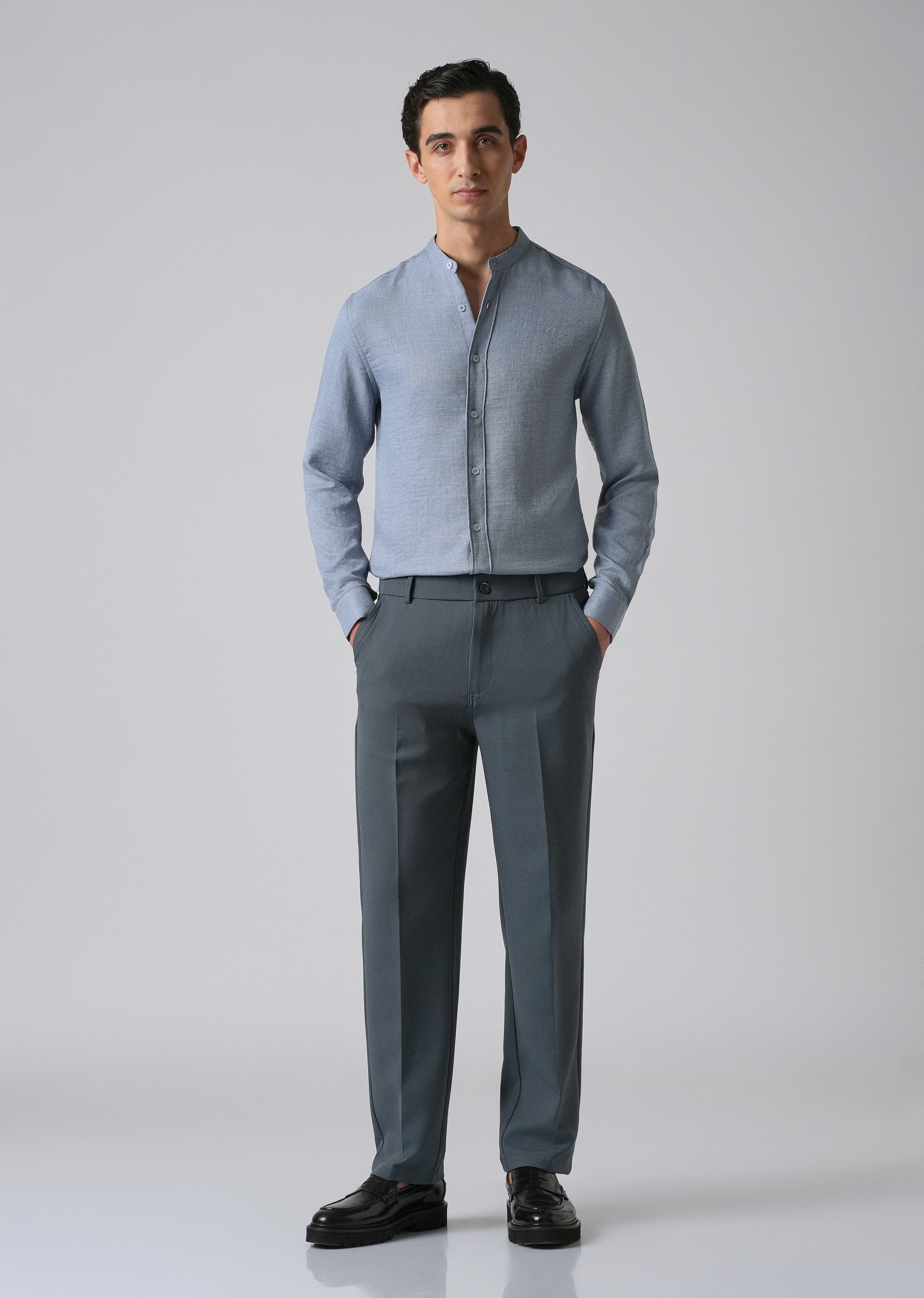 Blue Plain Mandarin Collar Shirt - Image 6
