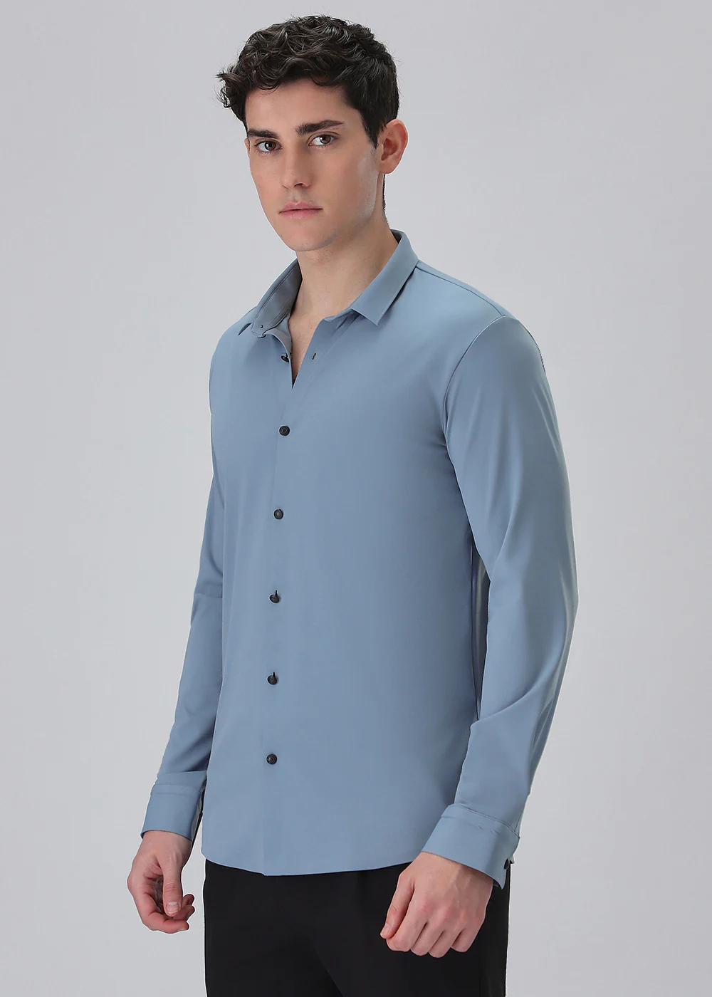 Blue Plain Stitchless Stretch Shirt - Image 4