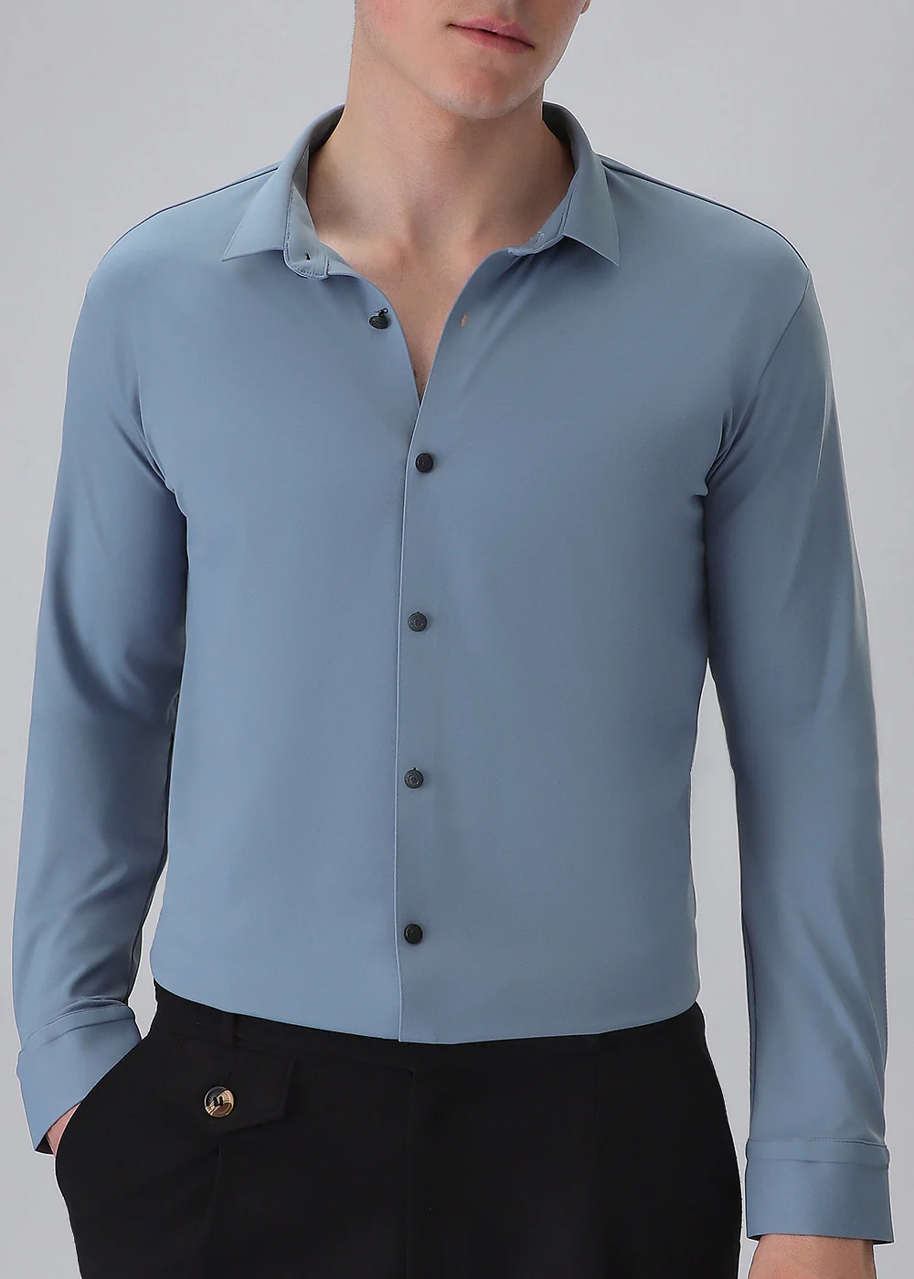 Blue Plain Stitchless Stretch Shirt - Image 7