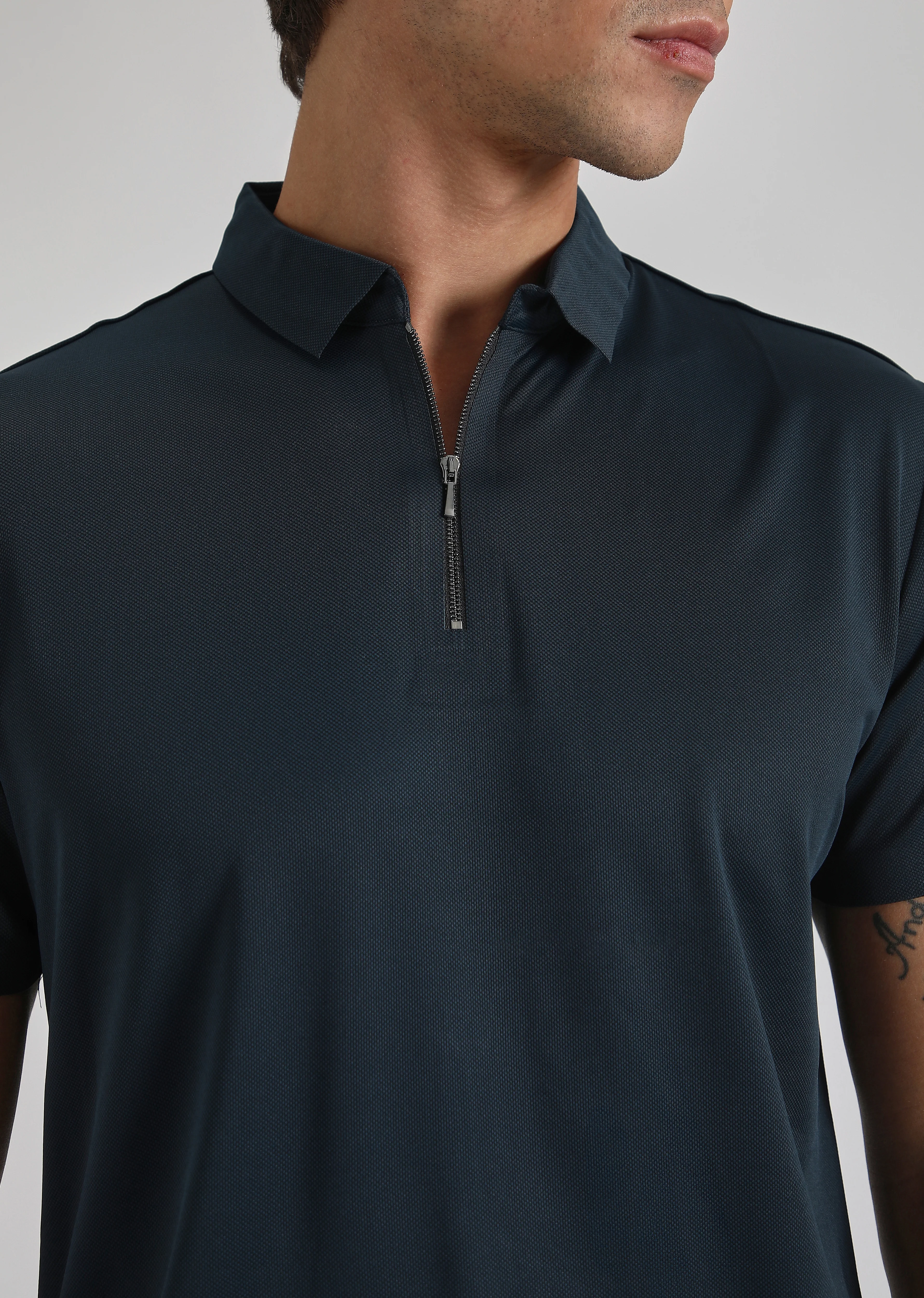 Blue Plain Zipper Stitchless Polo T-shirt - Image 2