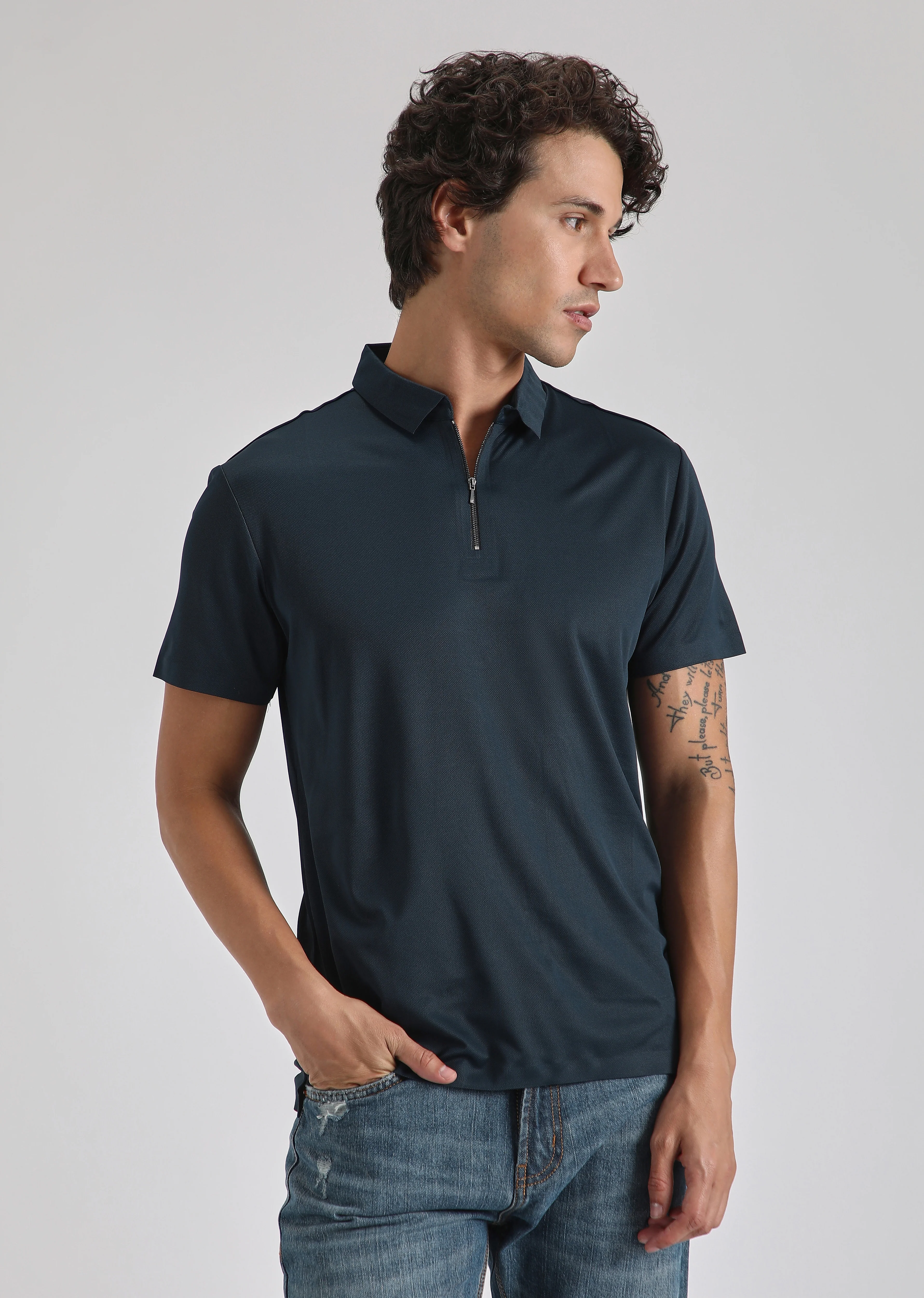Blue Plain Zipper Stitchless Polo T-shirt - Image 3