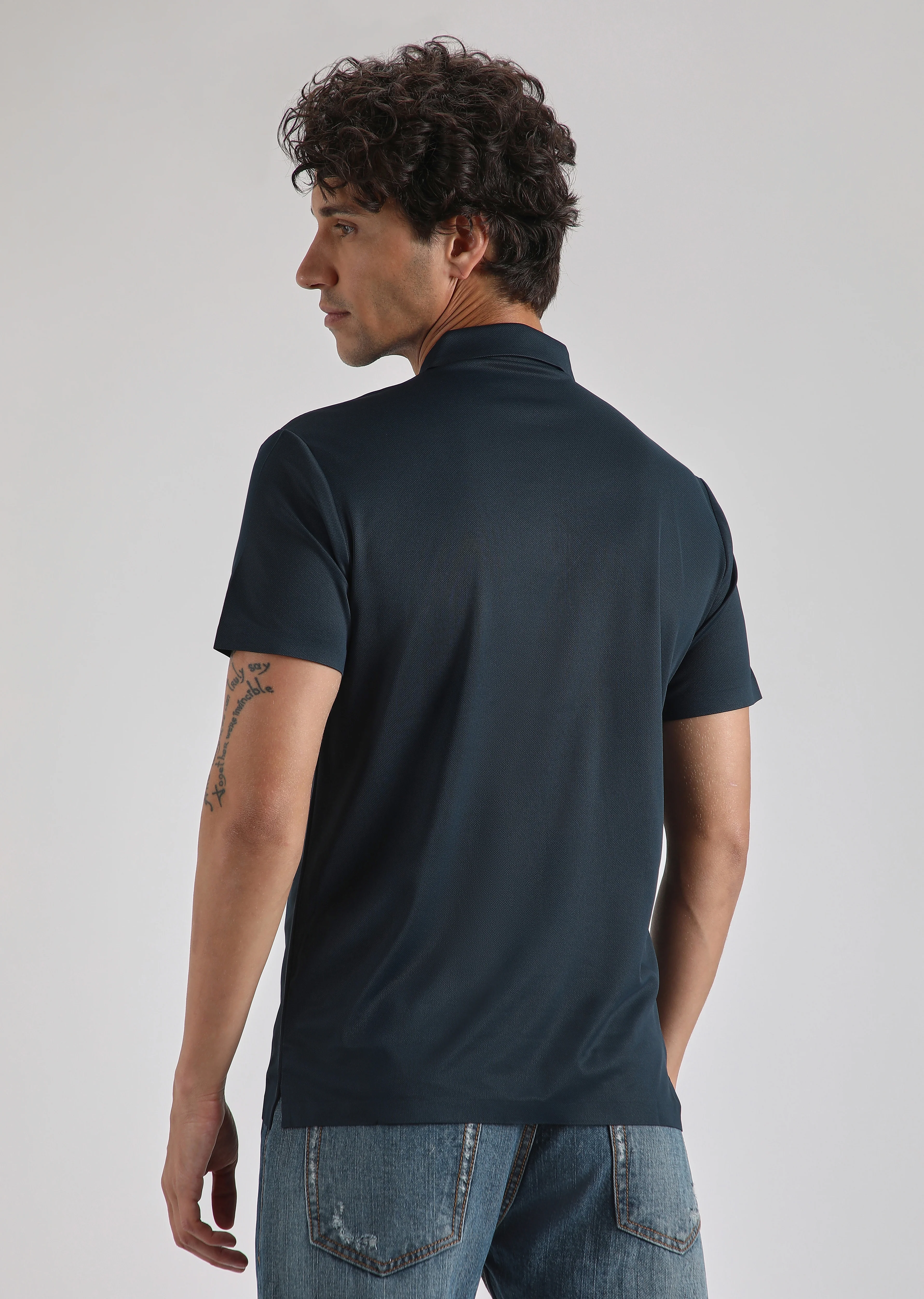 Blue Plain Zipper Stitchless Polo T-shirt - Image 4