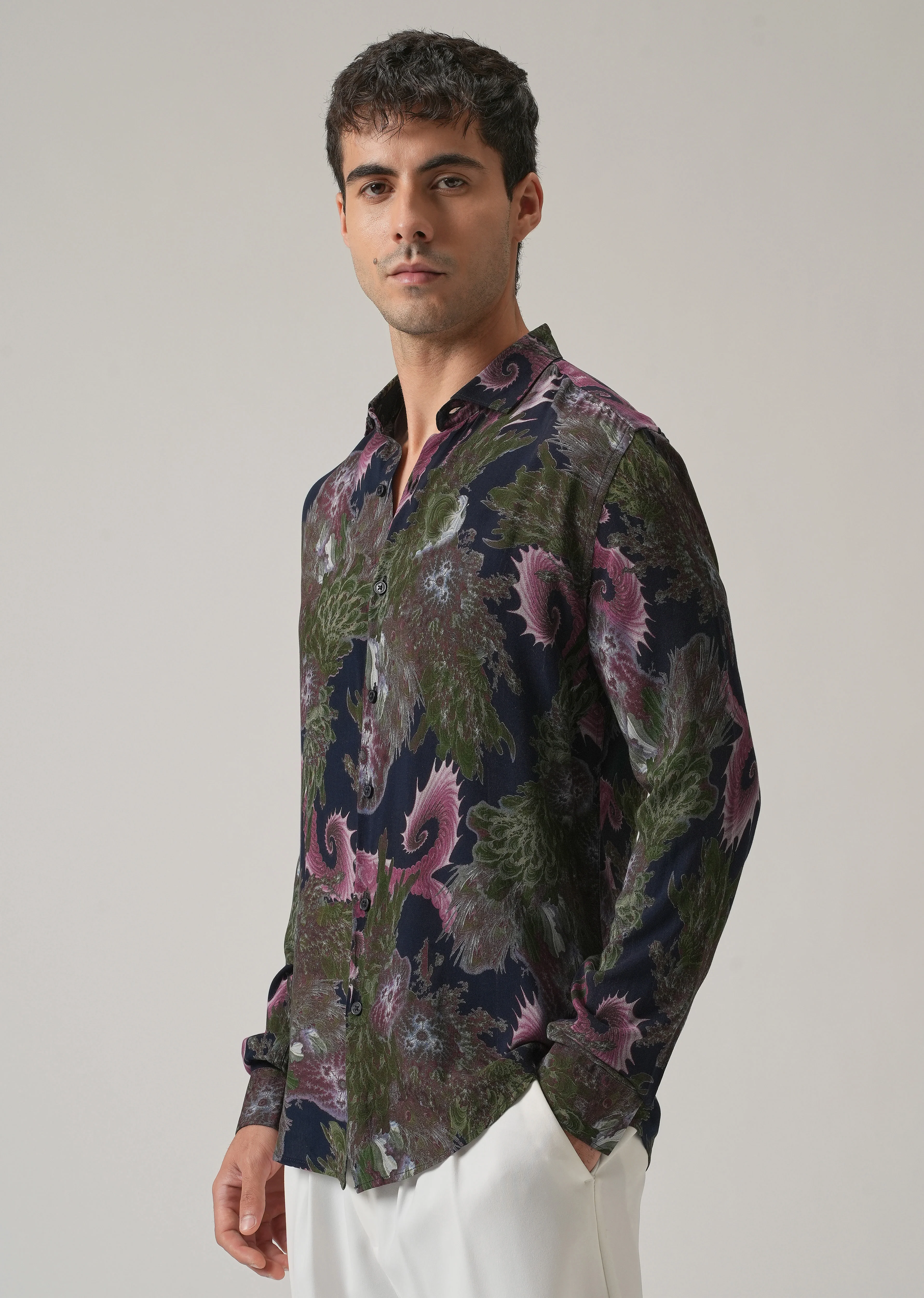 Blue Prickly Flora Print Feather Shirt - Image 4