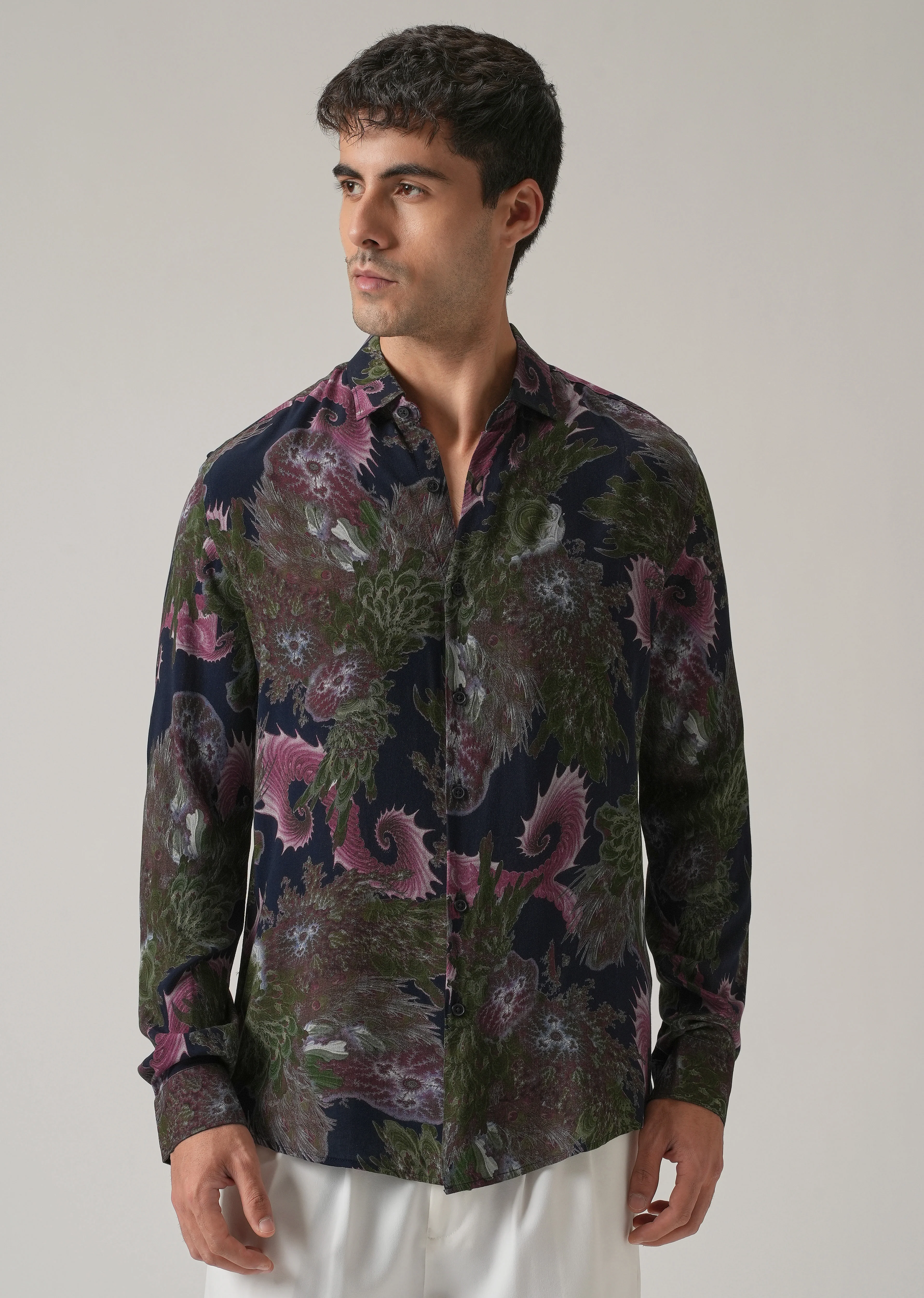 Blue Prickly Flora Print Feather Shirt - Image 5